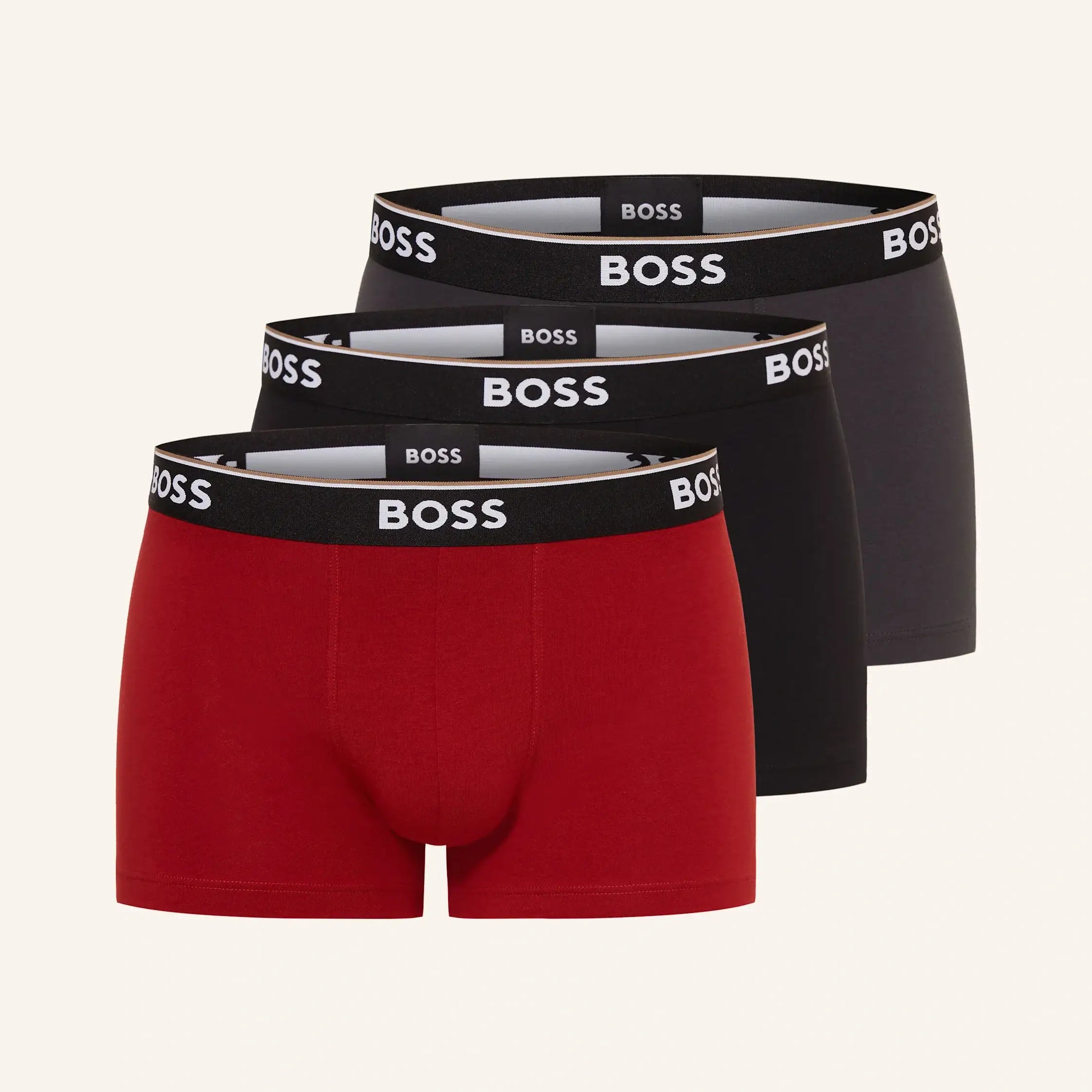 BOSS 3-Pack Stretch Cotton Trunks – Red/Black/Charcoal