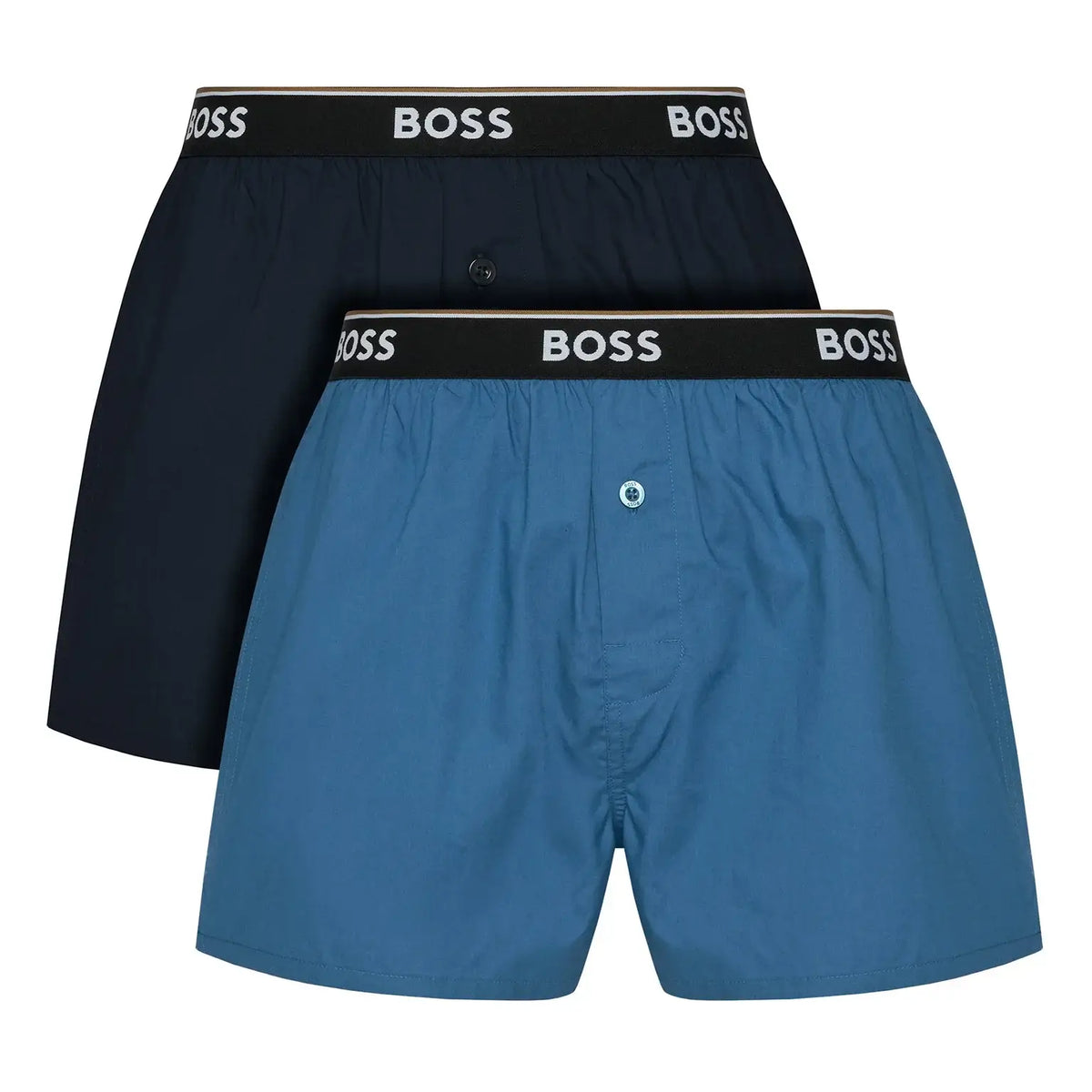 Two pairs of BOSS men's boxer briefs, one in dark navy blue and one in medium blue, displayed overlapping on a solid white background.