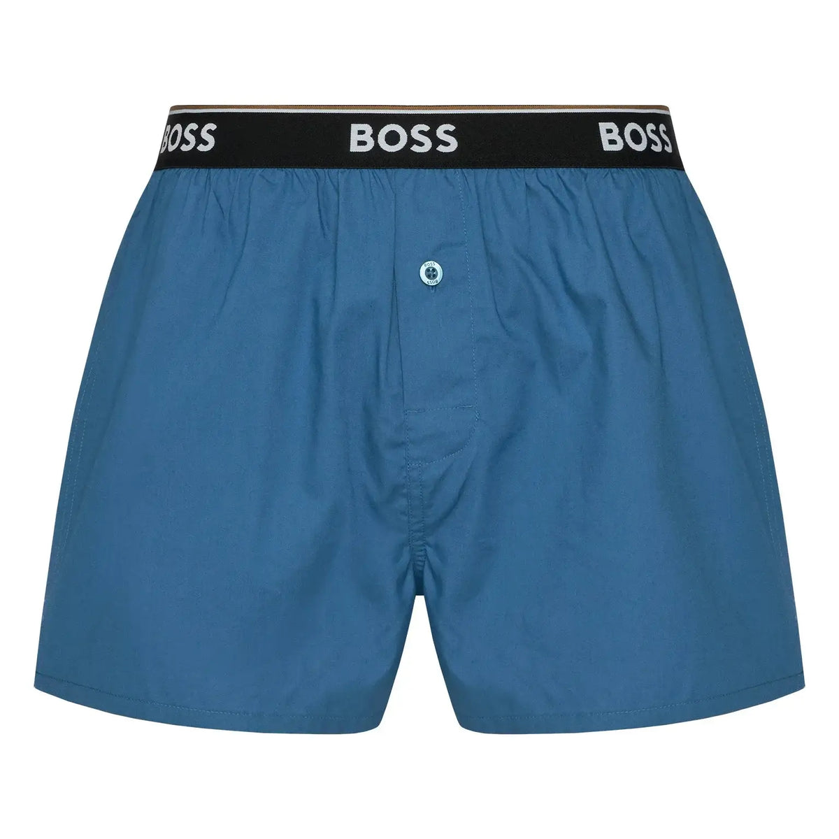 Blue boxer briefs with a black elastic waistband featuring the white BOSS logo, shown against a plain white background.