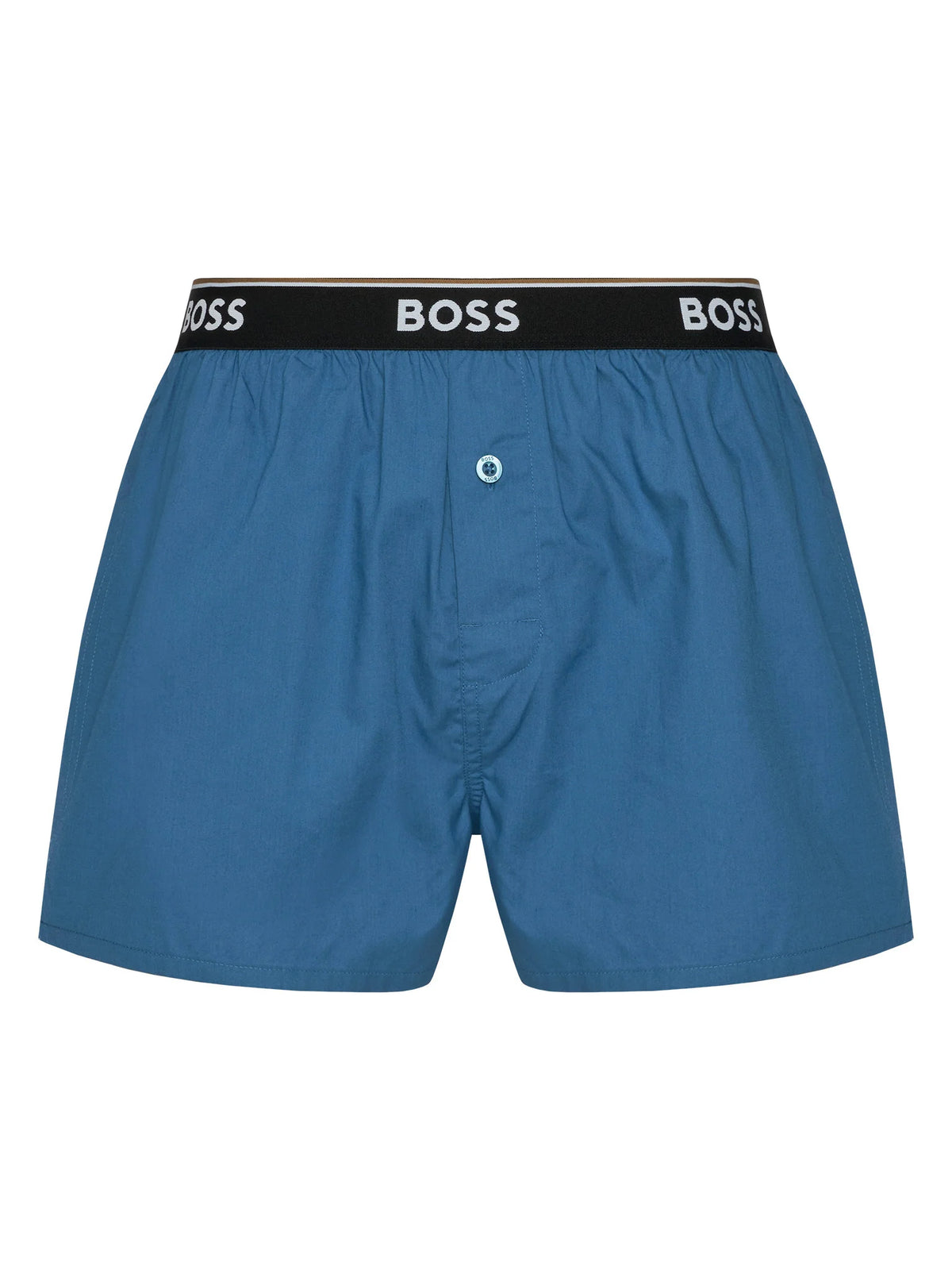 Blue boxer briefs with a black elastic waistband featuring the white BOSS logo, shown against a plain white background.