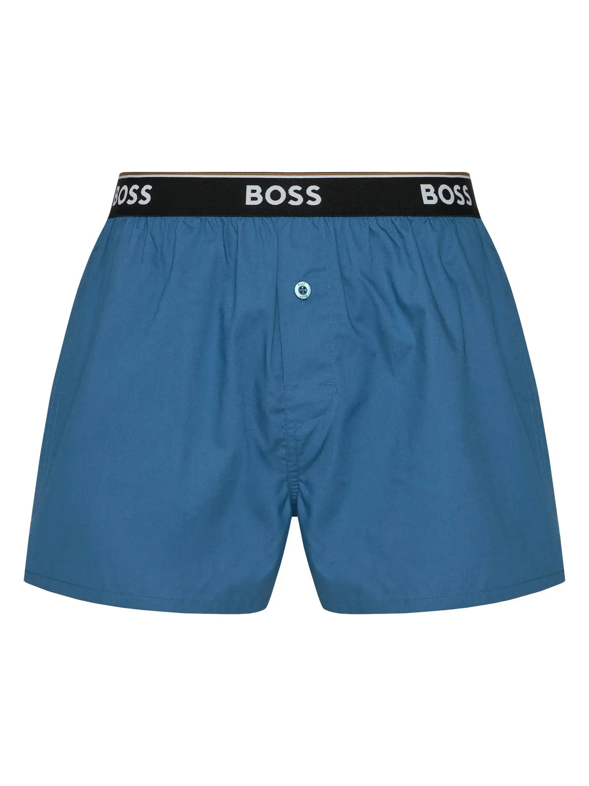 Blue boxer briefs with a black elastic waistband featuring the white BOSS logo, shown against a plain white background.
