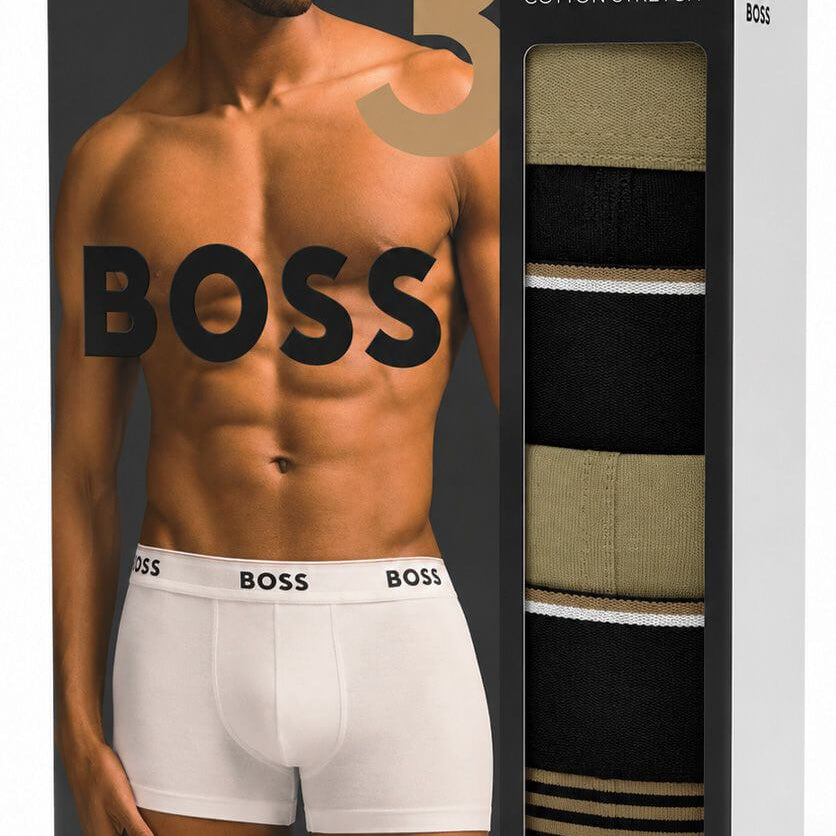 BOSS Power Design 3 Pack Stretch Cotton Trunks - Khaki / Black Multi