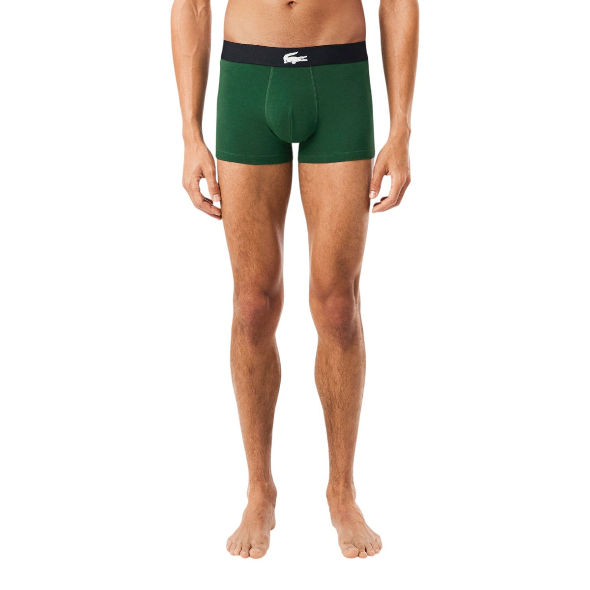Lacoste 3-Pack Stretch Cotton Trunks – Black, Green & Monogram - Model dark green
