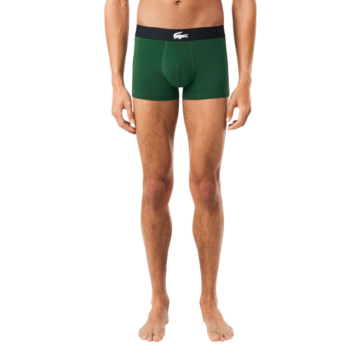 Lacoste 3-Pack Stretch Cotton Trunks – Black, Green & Monogram - Model dark green