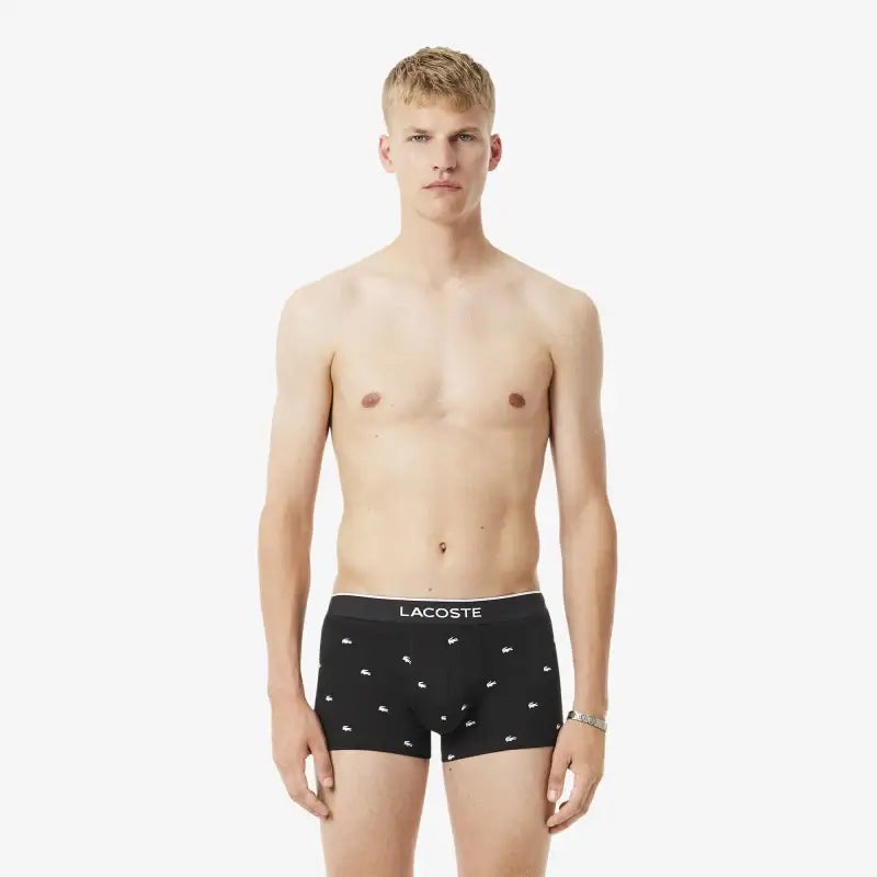 Lacoste Men’s 3-Pack Printed Stretch Trunks – Black Cotton Underwear