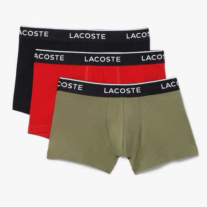 Lacoste 3-Pack Cotton Stretch Trunks - Khaki Green / Red / Black