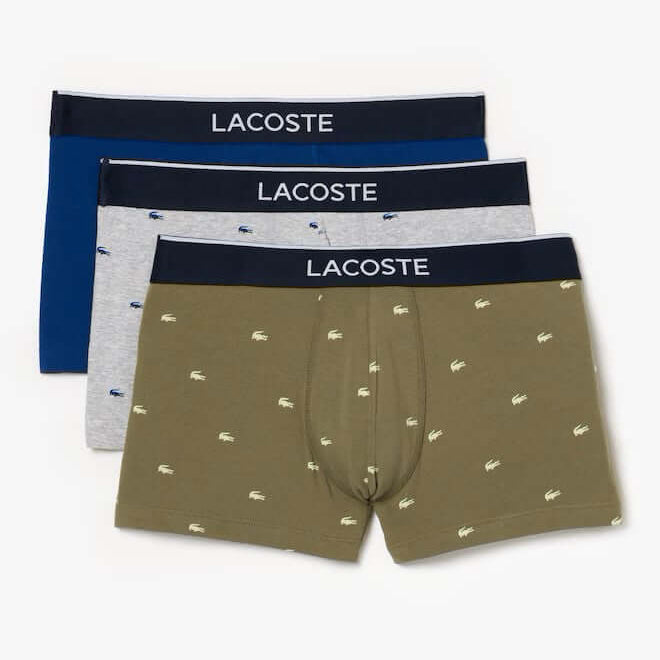 Lacoste 3-Pack Logo 3-Pack Signature Trunks - Khaki Green / Grey Chine / Blue