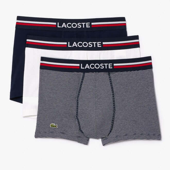 Lacoste 3 Pack Iconic Trunks With Tricolor Waistband - Navy Blue / White