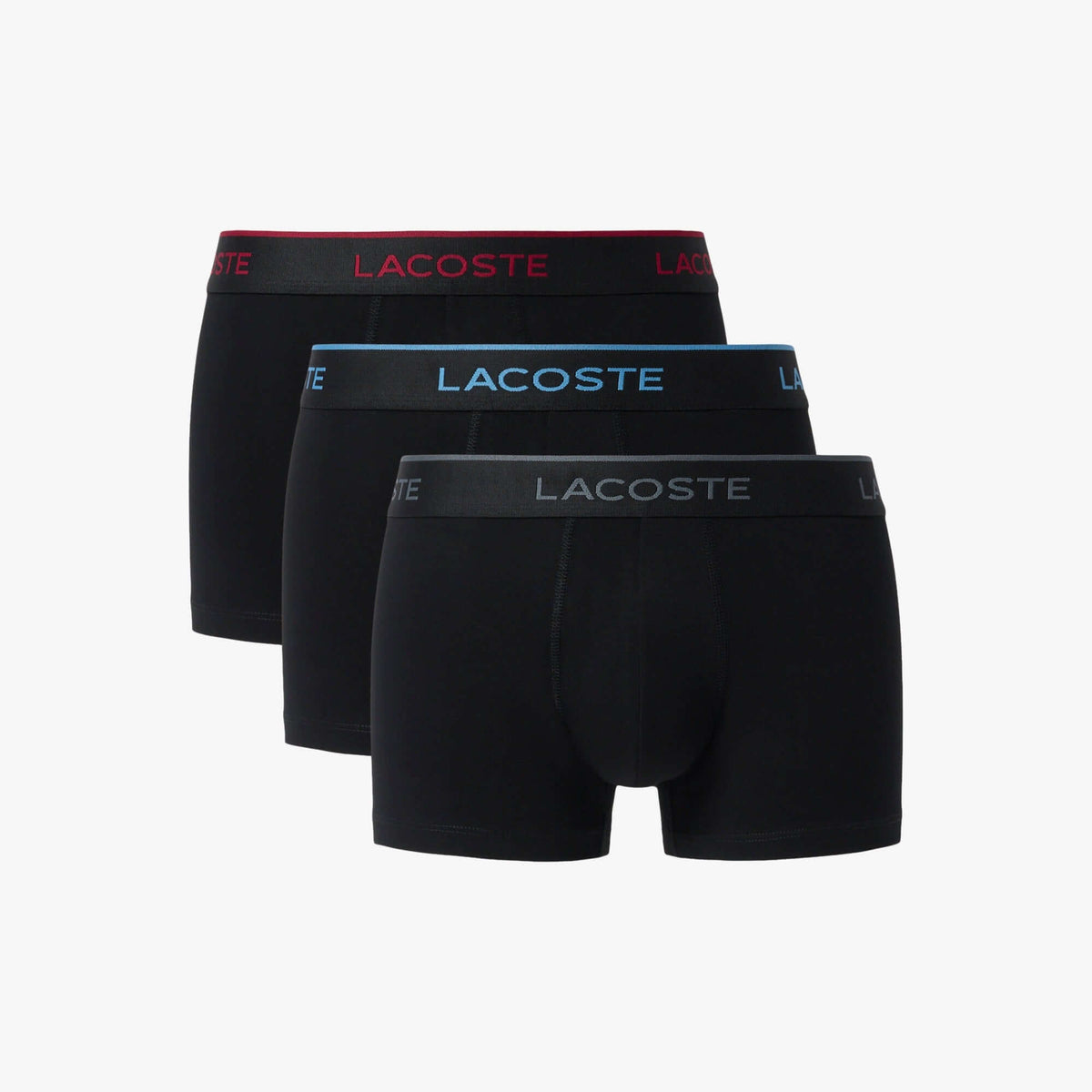 Lacoste 3-Pack Cotton Stretch Trunks – Black/Burgundy/Blue/Grey