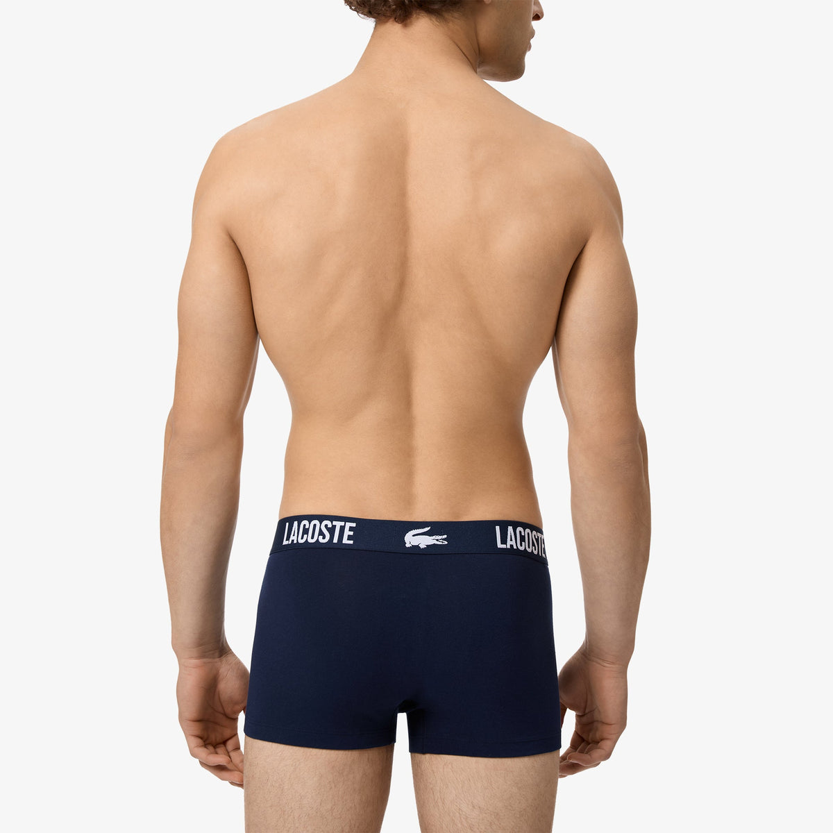 Lacoste navy blue cotton stretch trunks rear view