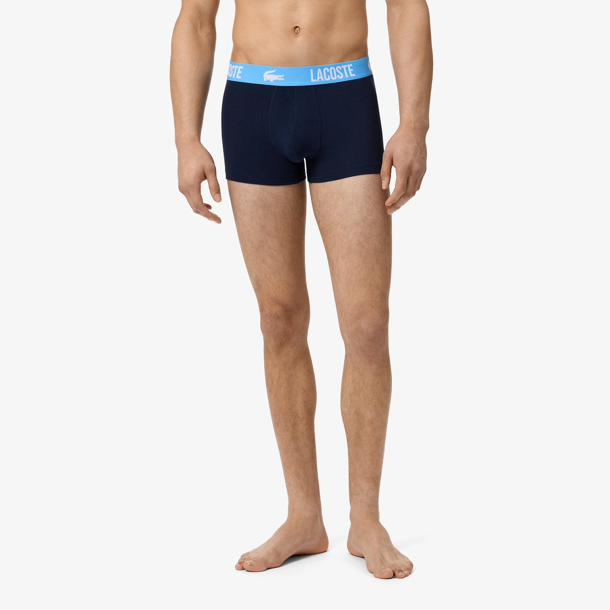 Lacoste men's navy cotton stretch trunks rear model view