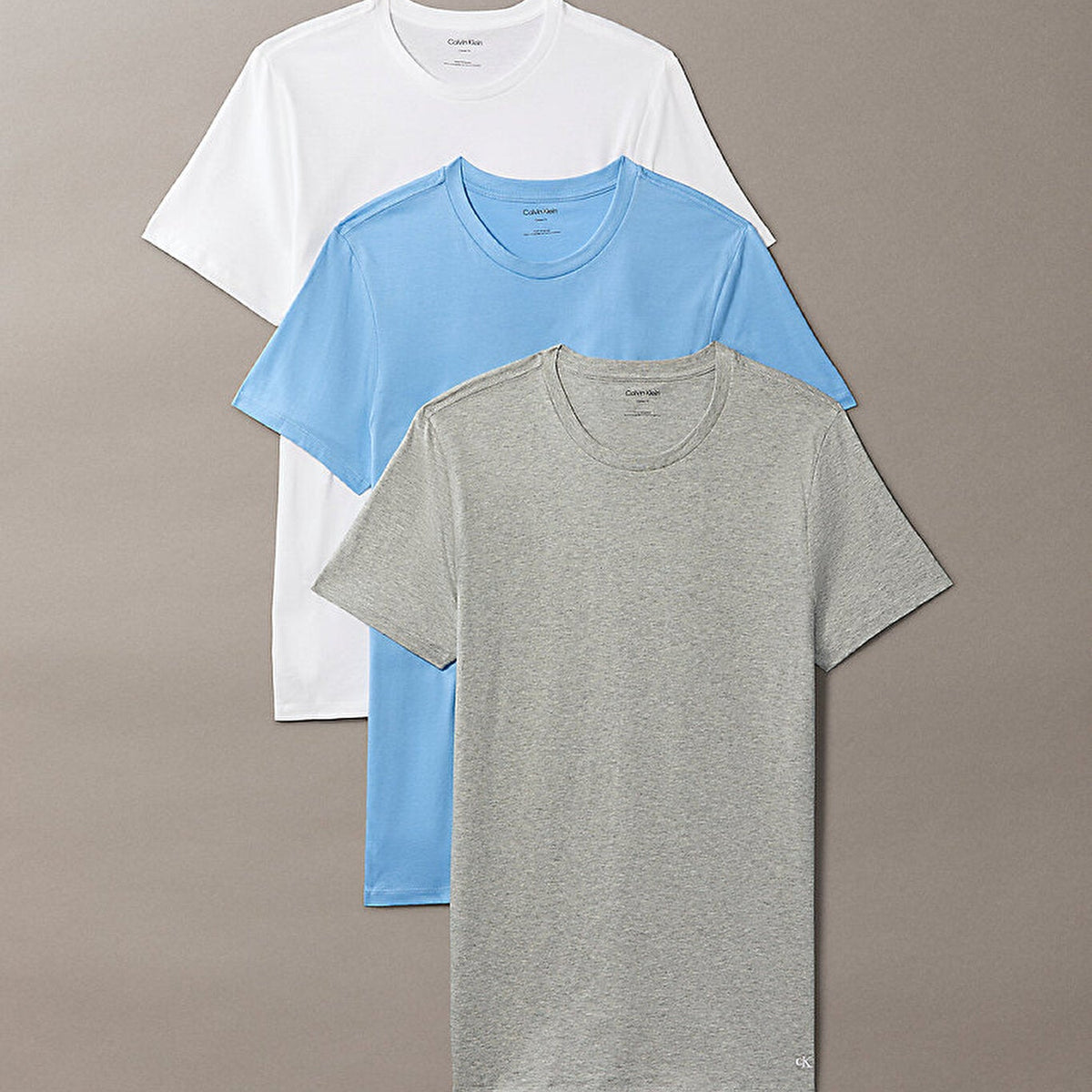 Calvin Klein Cotton Classics 3 Pack Crew Neck T-Shirts – white, light blue and grey heather, three-pack front