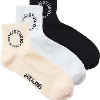 Jack & Jones 3 Pack Jacmarcus Short Sports Socks - White/Black/Beige ( 7-11 )