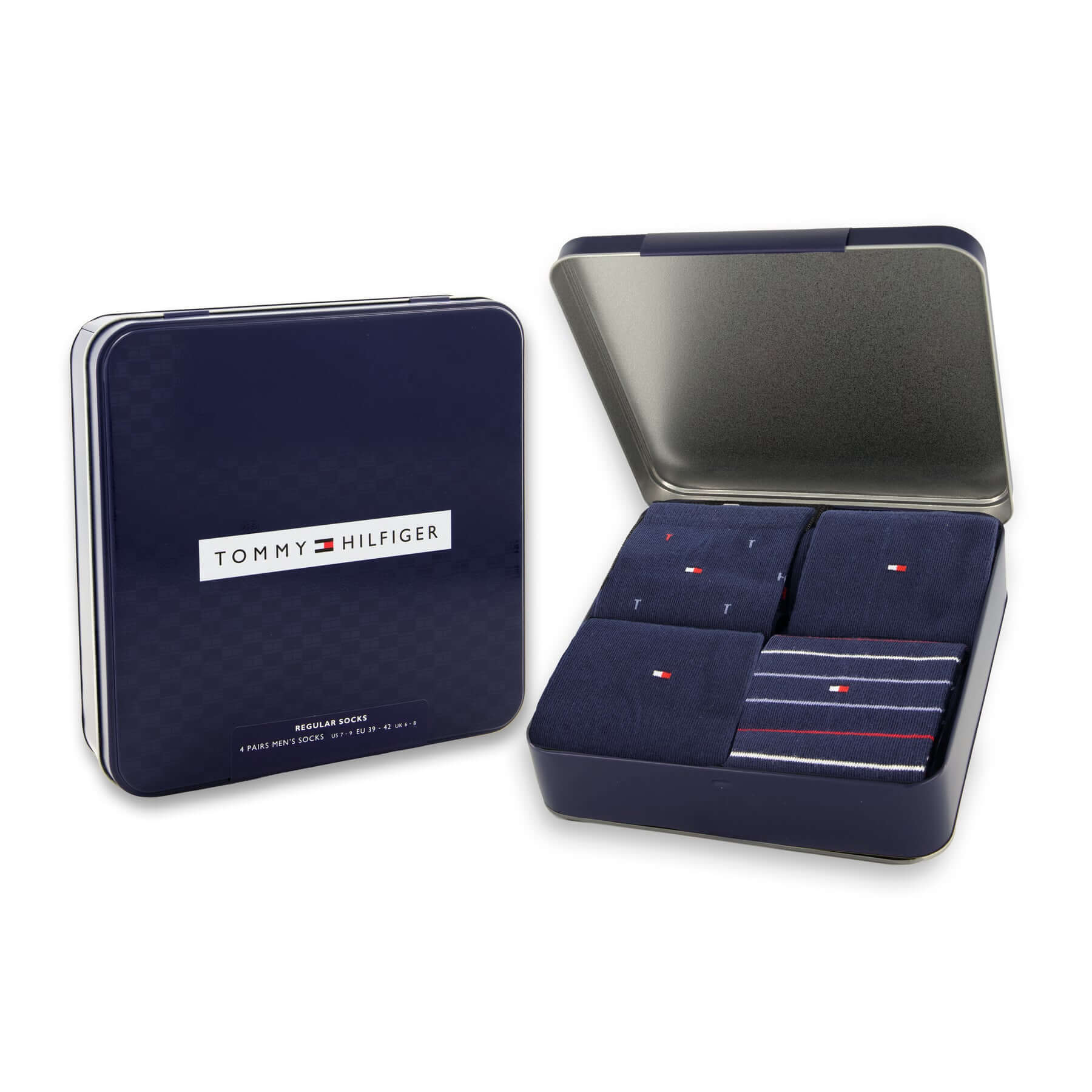 Tommy Hilfiger Men’s 4 Pack Crew Socks Tin Gift Box Set – Navy, Black & Jeans