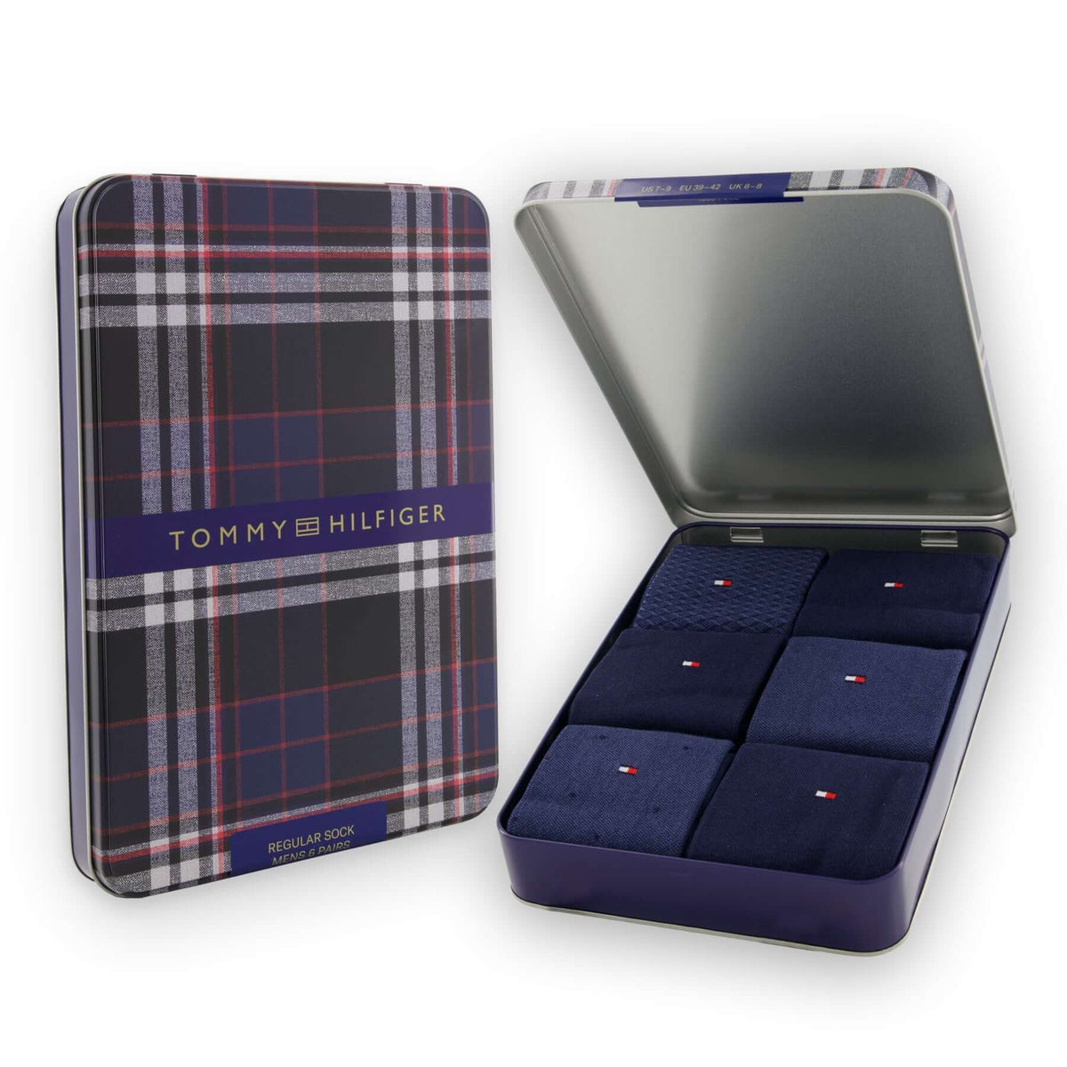 Tommy Hilfiger Men's 6 Pack Birdseye Crew Socks Gift Tin - Navy