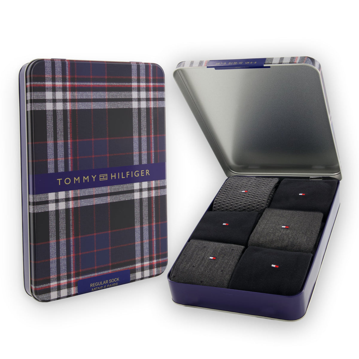 Tommy Hilfiger Men's 6 Pack Birdseye Crew Socks Gift Tin - Black