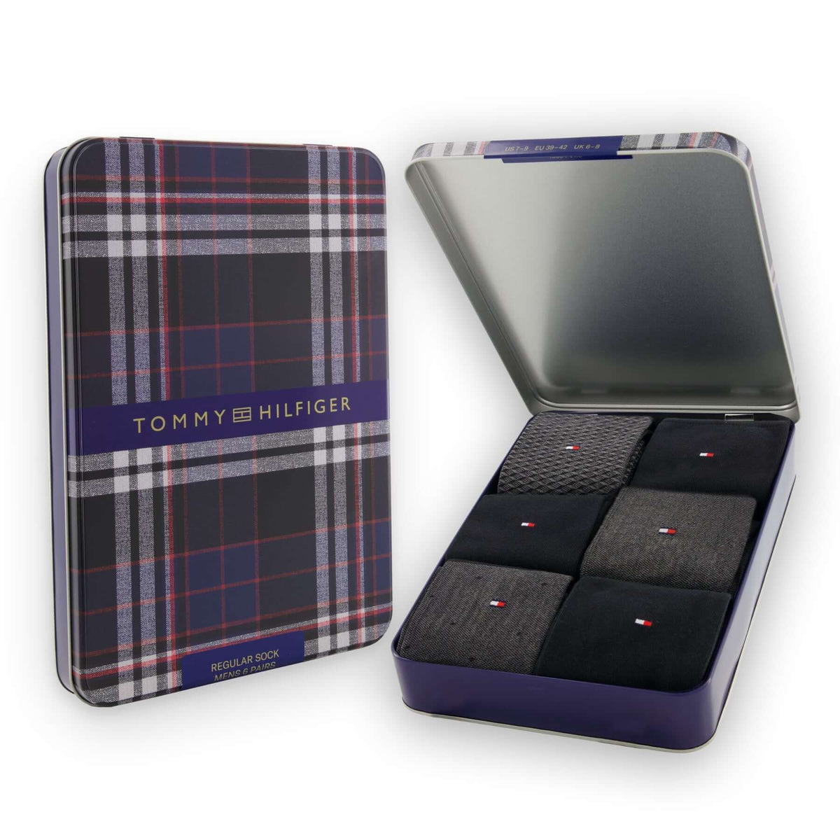 Tommy Hilfiger Men's 6 Pack Birdseye Crew Socks Gift Tin - Black