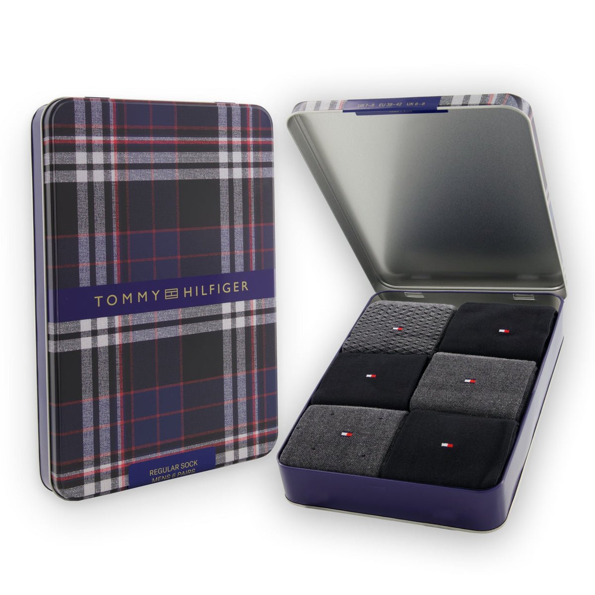 Tommy Hilfiger Men's 6 Pack Birdseye Crew Socks Gift Tin - Dark Grey Melange