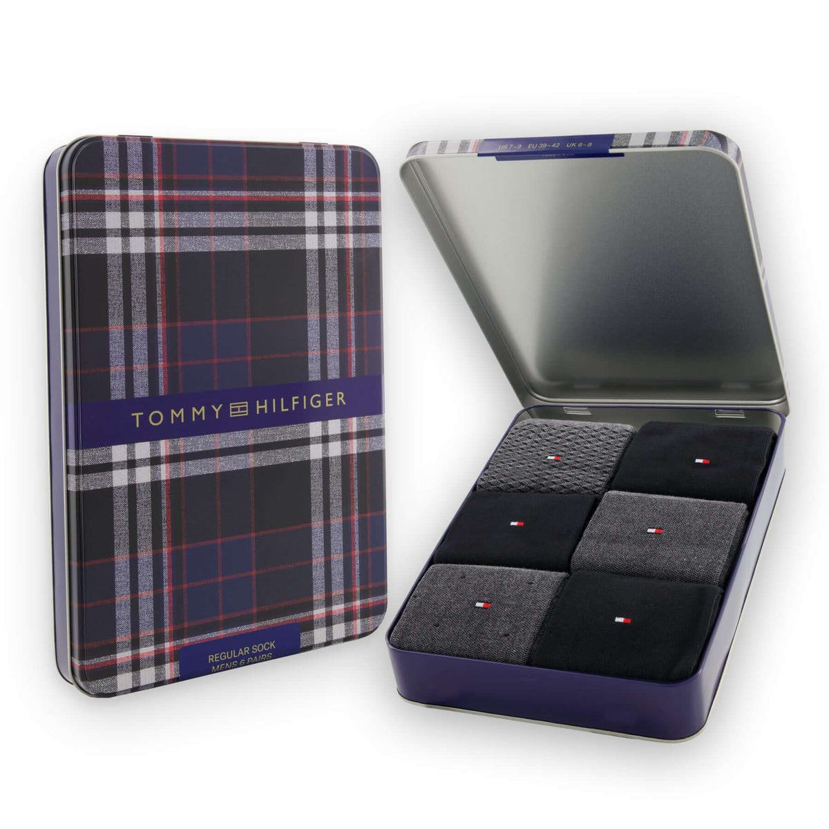 Tommy Hilfiger Men's 6 Pack Birdseye Crew Socks Gift Tin - Dark Grey Melange