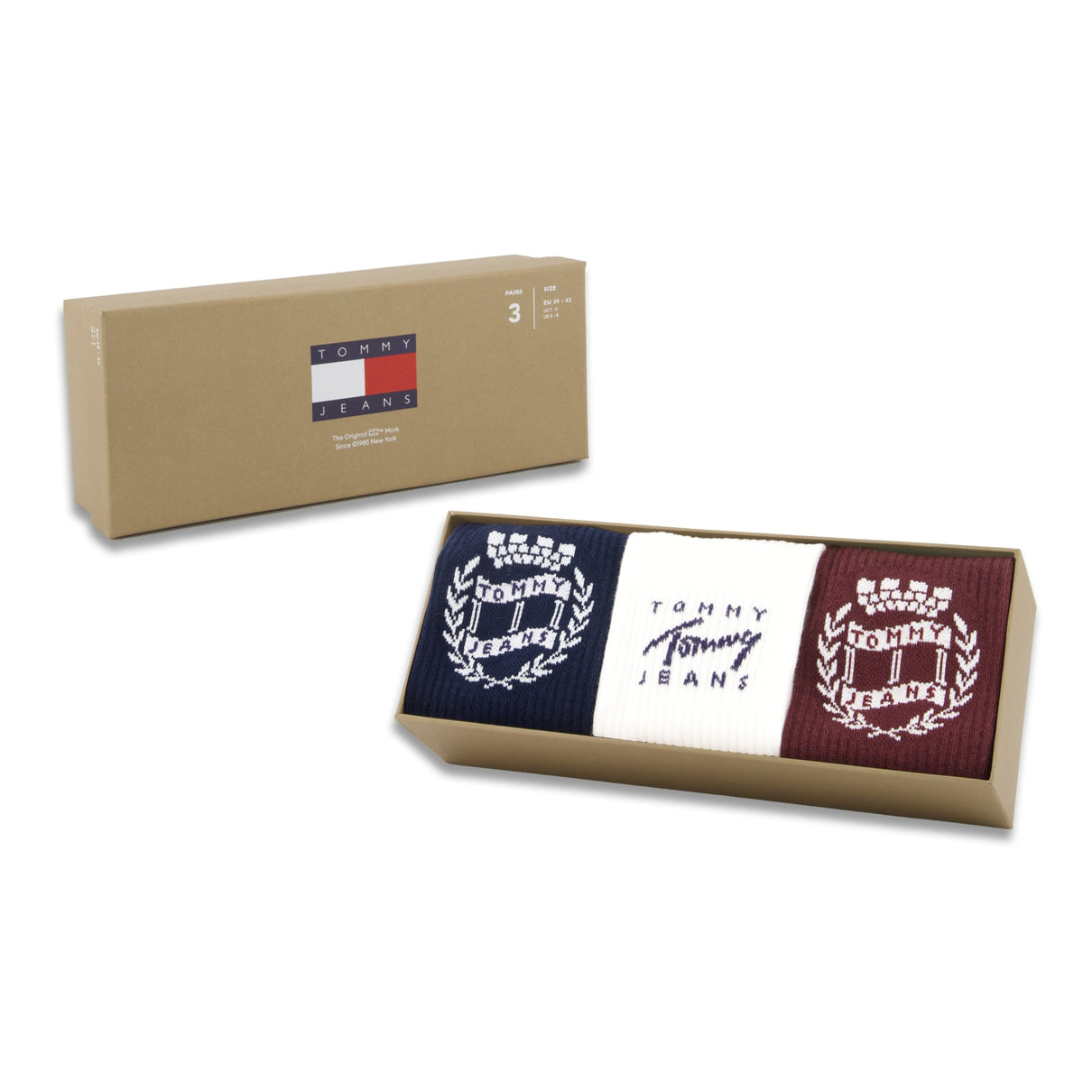 Tommy Hilfiger Men's 3 Pack Crest Crew Socks Gift Box - Navy/White/Deep Rouge