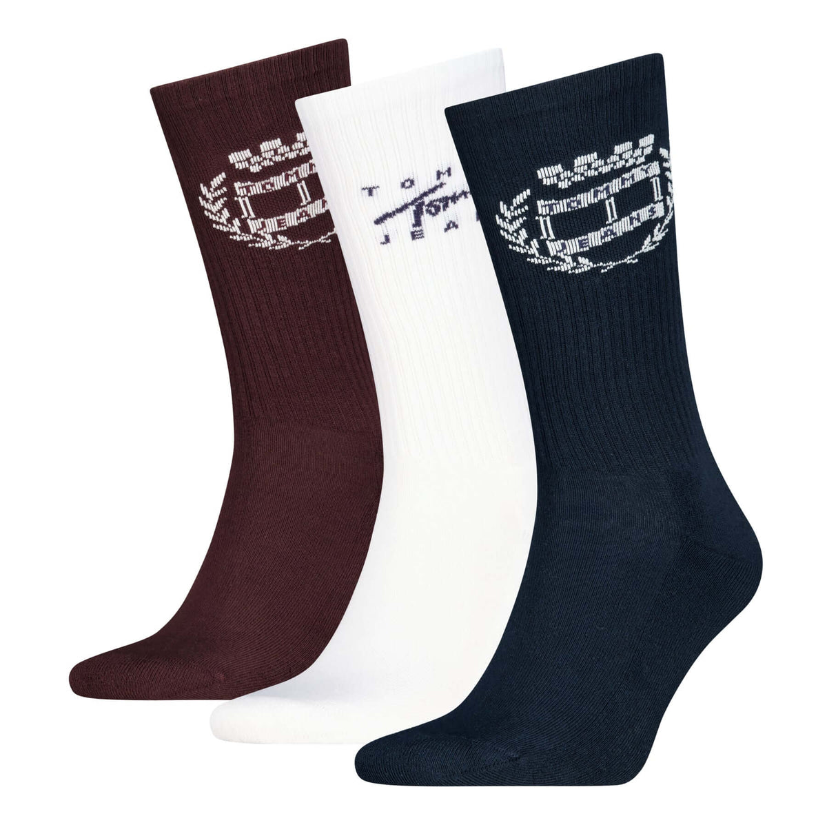 Tommy Hilfiger Men's 3 Pack Crest Crew Socks Gift Box - Navy/White/Deep Rouge