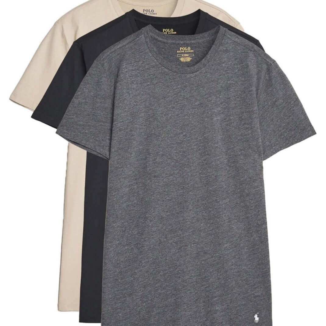 Polo Ralph Lauren Crewneck 3 Pack T-Shirts - Black/Beige/Grey Heather
