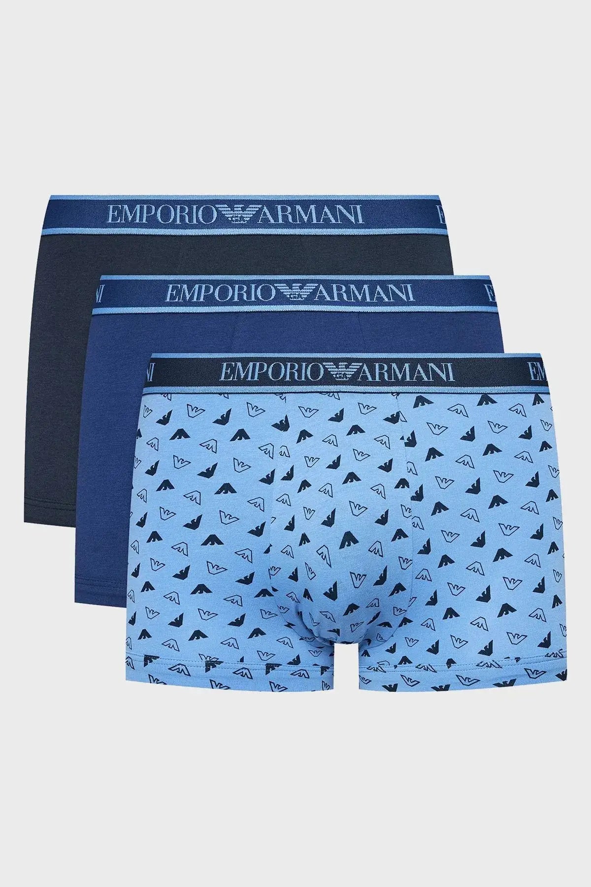 Emporio Armani 3 Pack Trunks Stretch Cotton - Blue / Navy / Print
