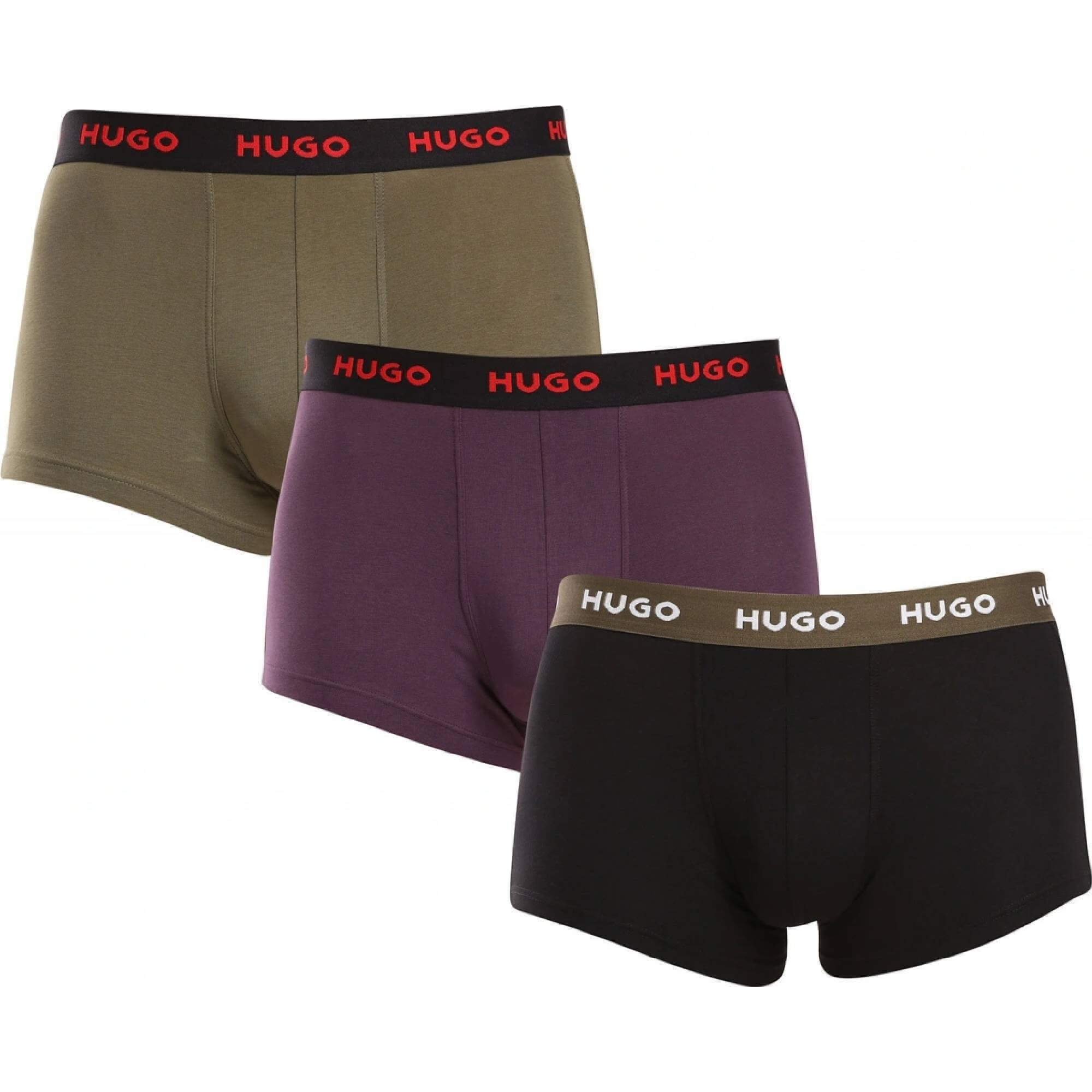 Hugo 3 Pack Stretch Cotton Trunks with Logo Waistbands - Olive/Purple/Black
