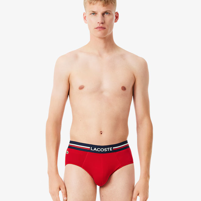 Lacoste Men’s 3-Pack Cotton Briefs - Navy Blue / Grey Chine / Red • W34