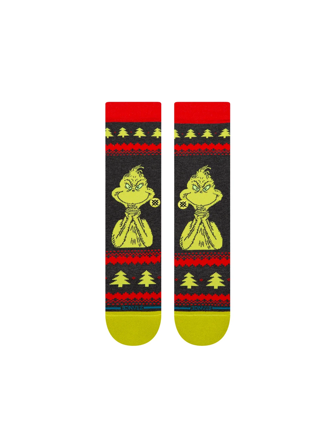 Stance Grinch Sweater black crew socks with Grinch character graphic and bright green toes, flat front view