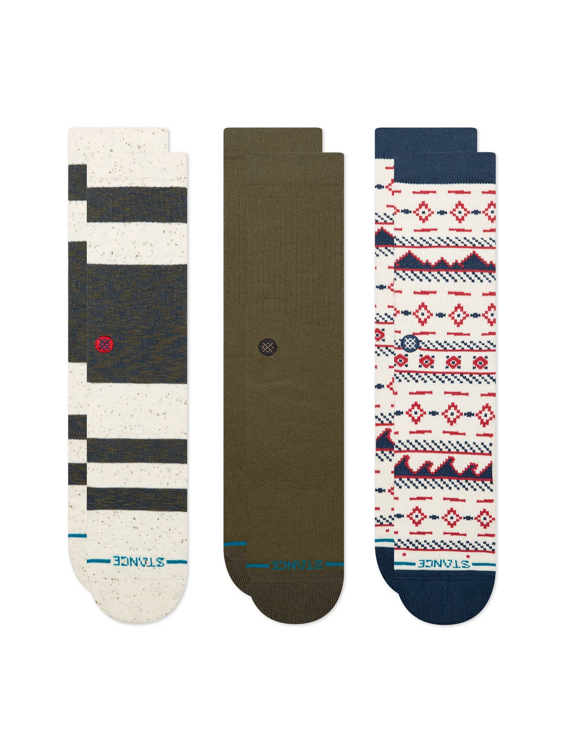 Stance Marine Layer three pack crew socks in navy multi with patterned, olive and striped pairs – angled view