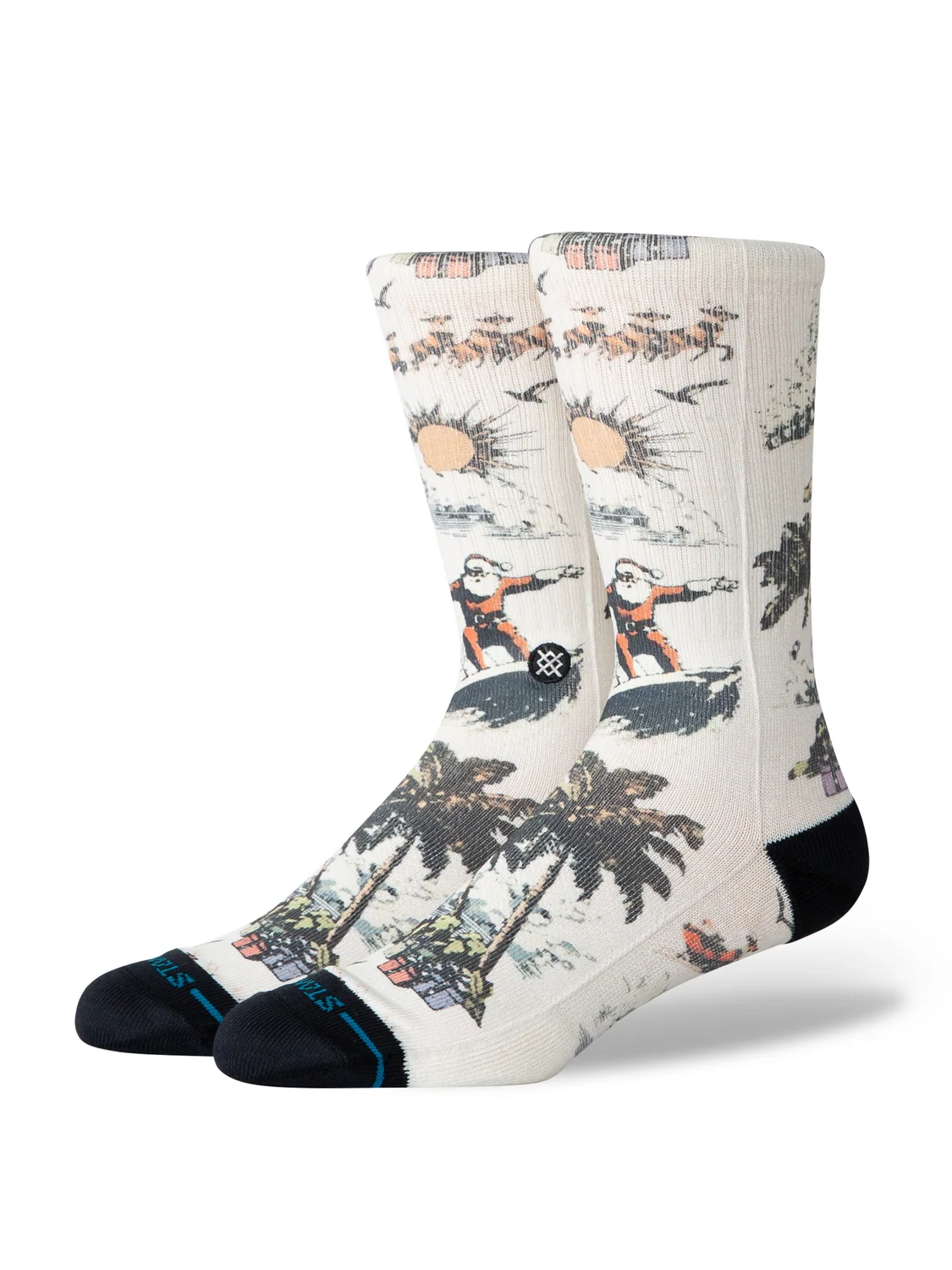 Stance San O Claus cream crew socks with surfing Santa, palm trees and black toes – angled view