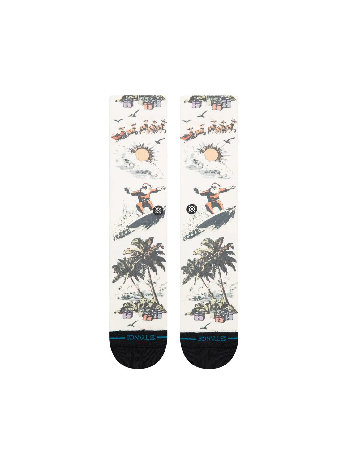 Stance San O Claus cream socks full front showcasing Santa surfing tropical Christmas scene