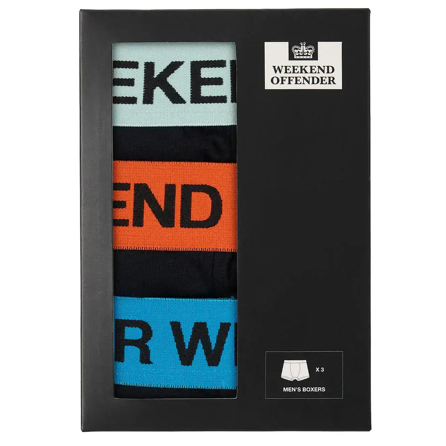 Weekend Offender Boxer Shorts 3 Pack Trunks - Black, Coloured Wasitbands