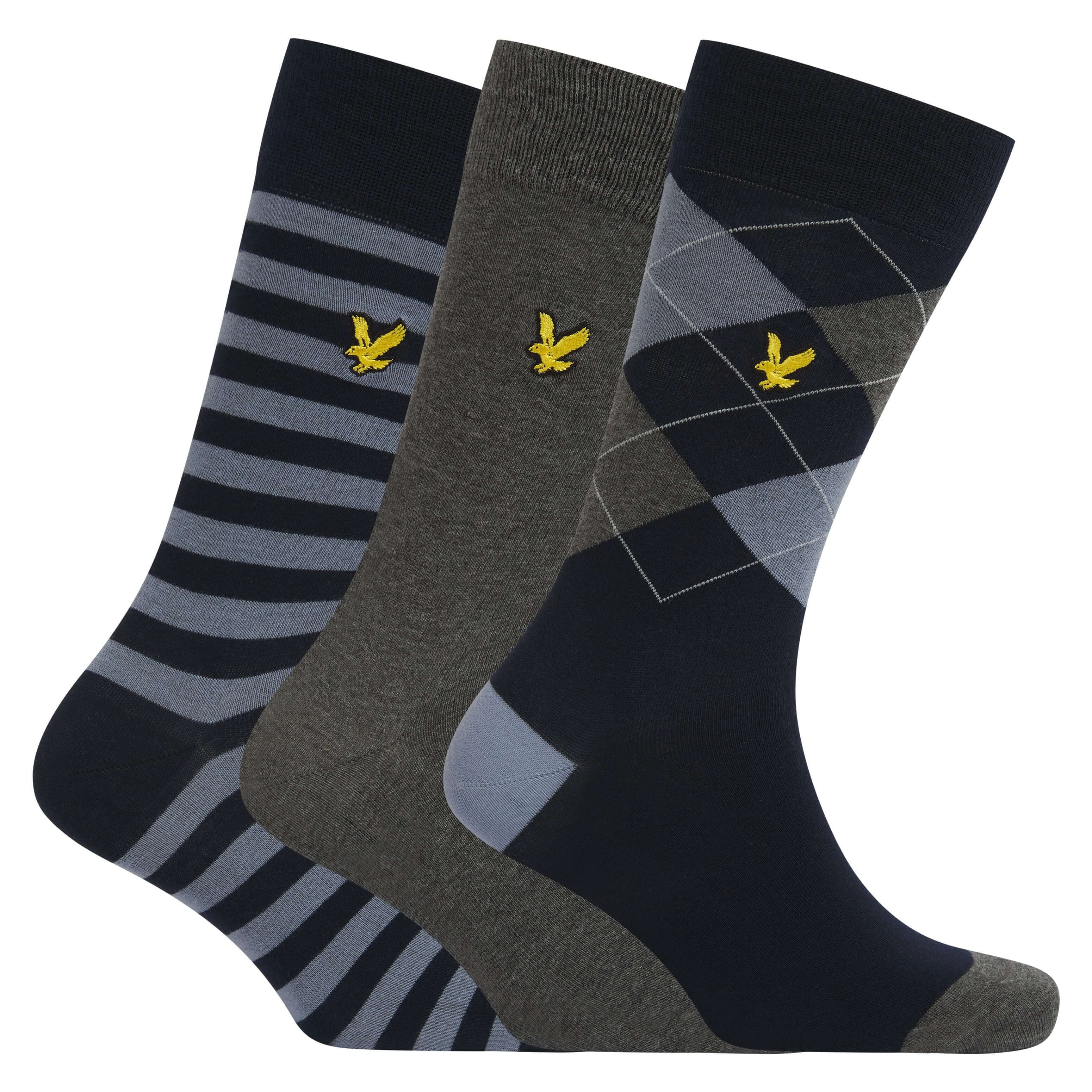 Lyle & Scott 3 Pack Barwood Crew Socks - Argyle / Dark Grey Marl / Stripe