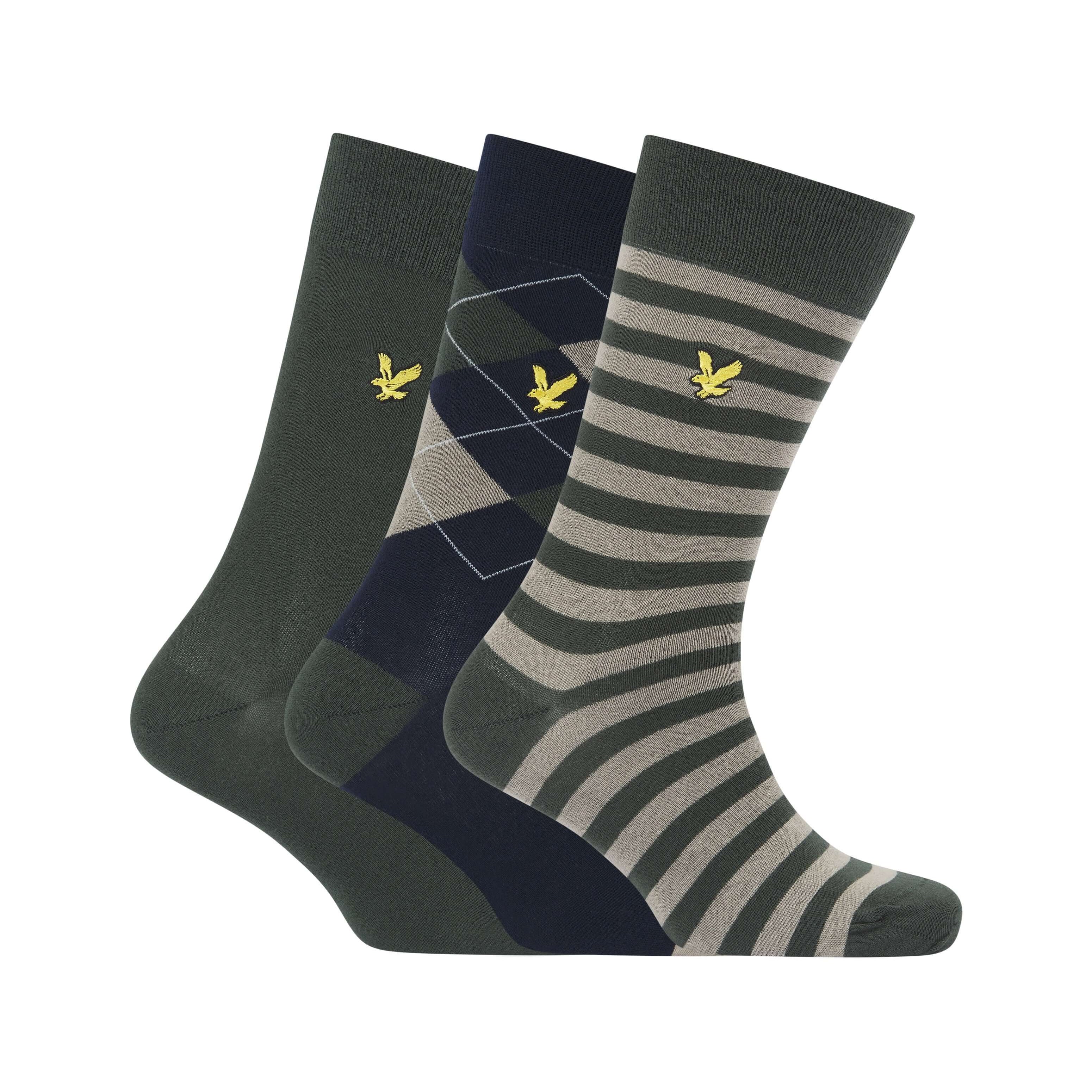 Lyle & Scott 3 Pack Barwood Crew Socks - Argyle / Climbing Ivy / Stripe