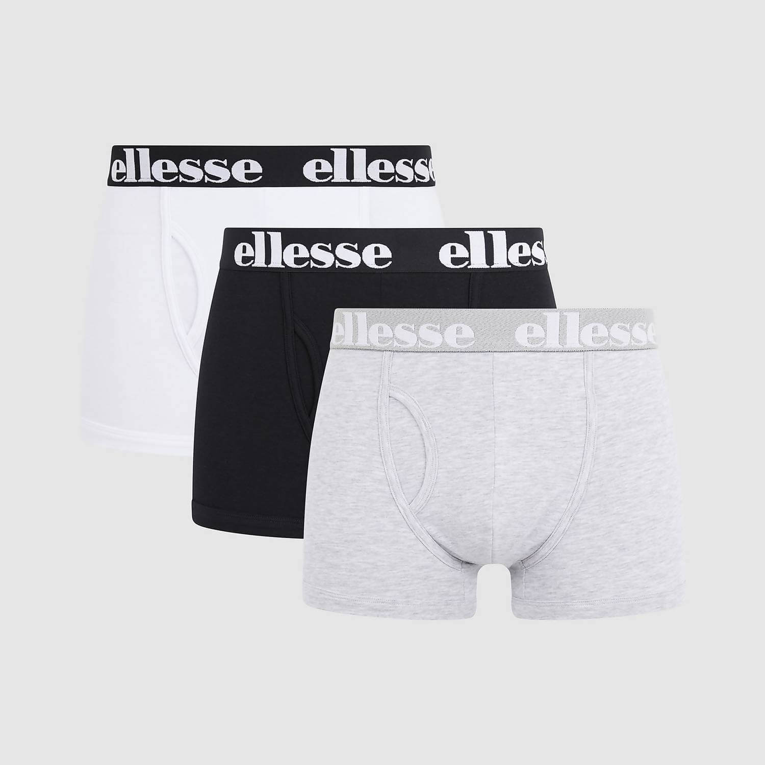 Ellesse Men's Hali 3 Pack Boxer Trunks – Black, Grey & White