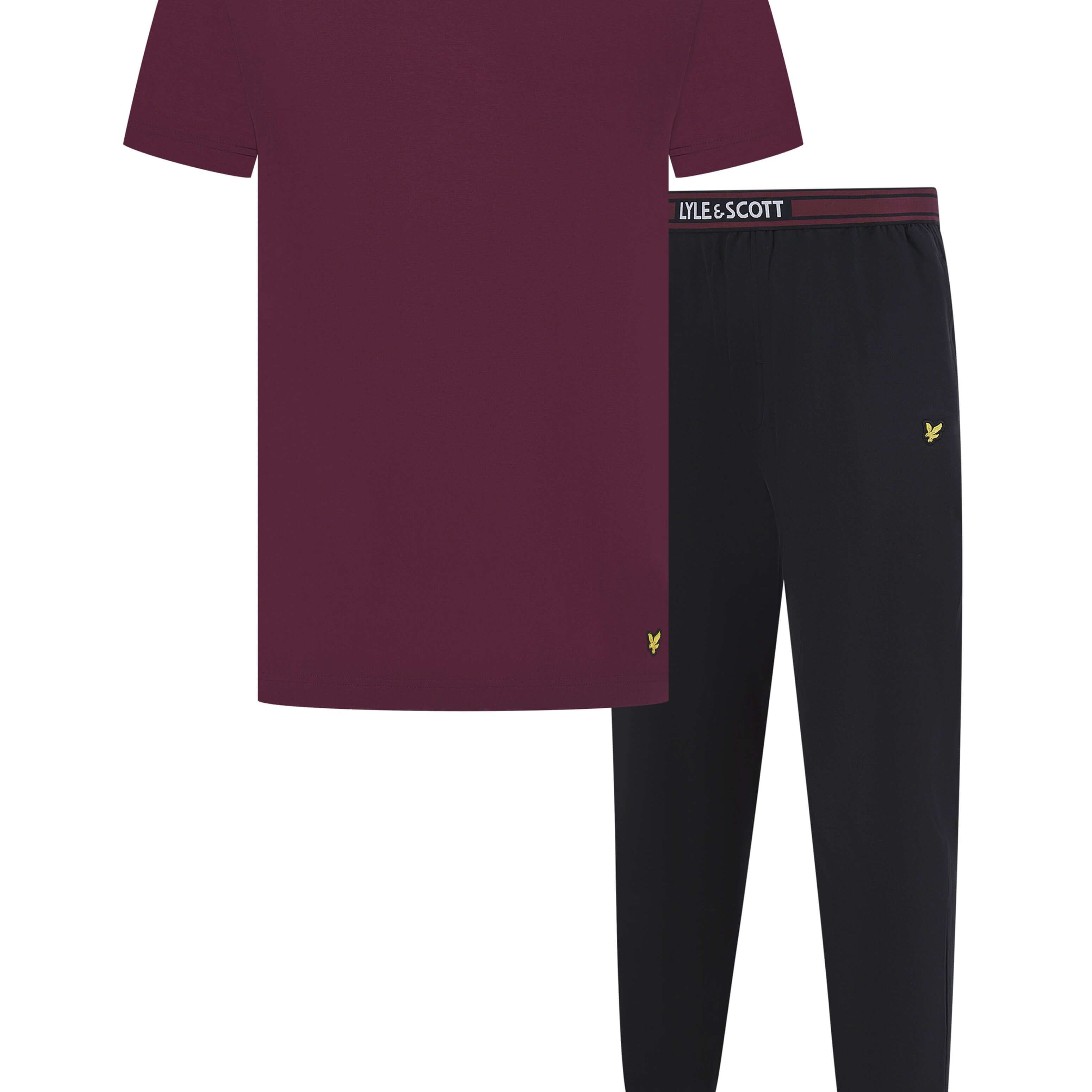 Lyle & Scott Cash T-Shirt and Cuffed Bottoms Lounge Set - Winetasting / Black