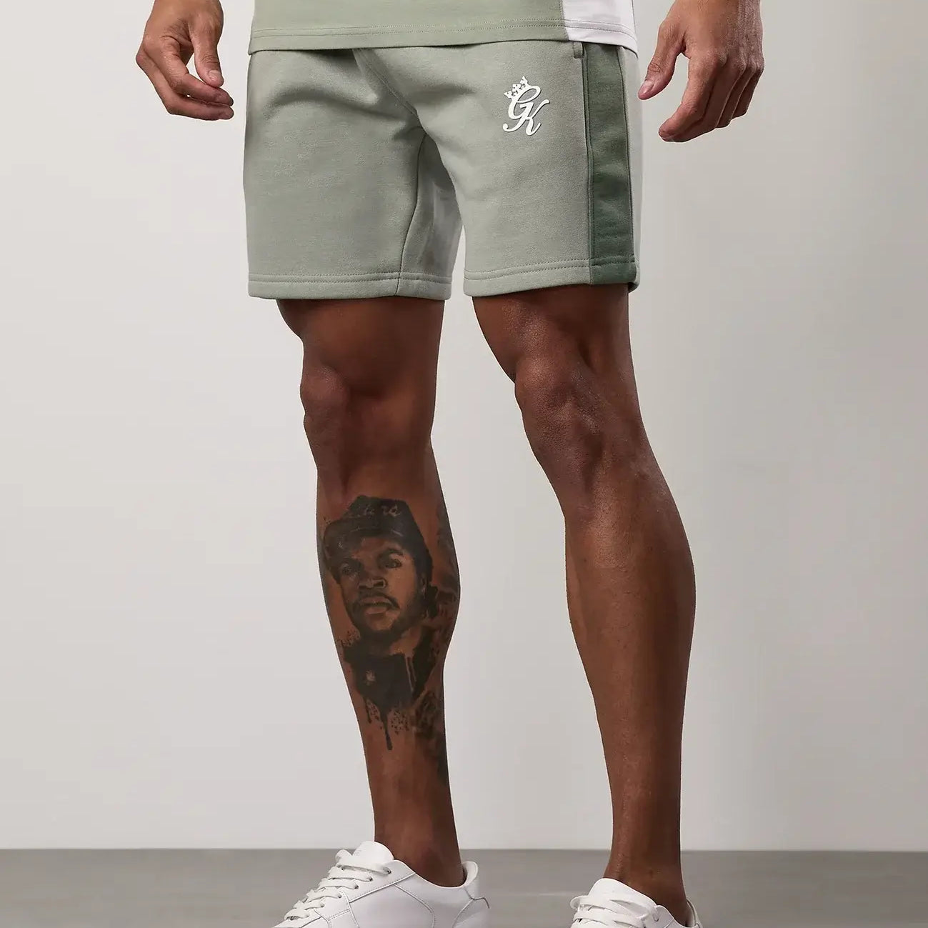 Gym King Contrast Panel Shorts - Fern Green/Soft Khaki/White