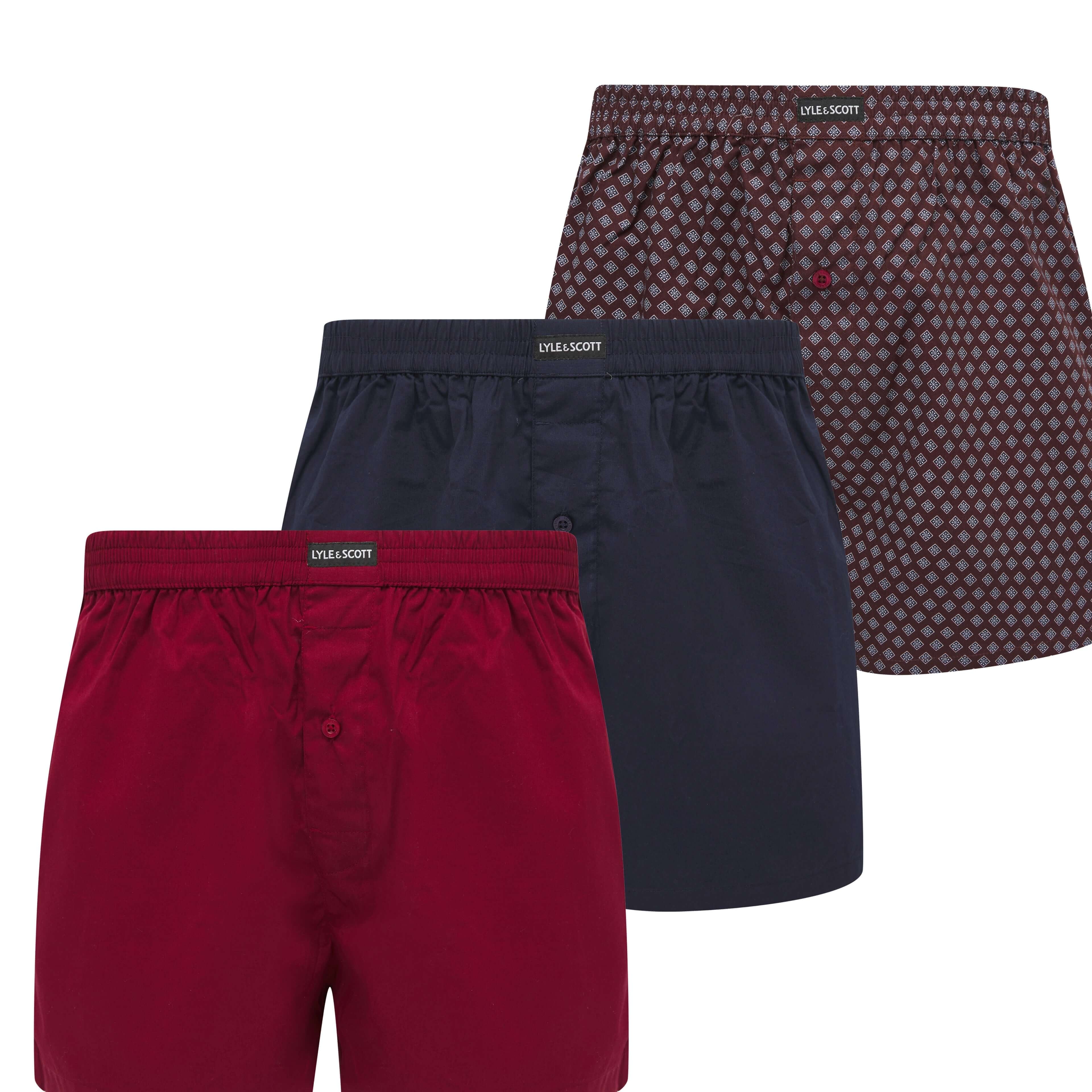 Lyle & Scott 3 Pack Men's Darwin Woven Boxers - Peacoat/AOP/Ruby Wine