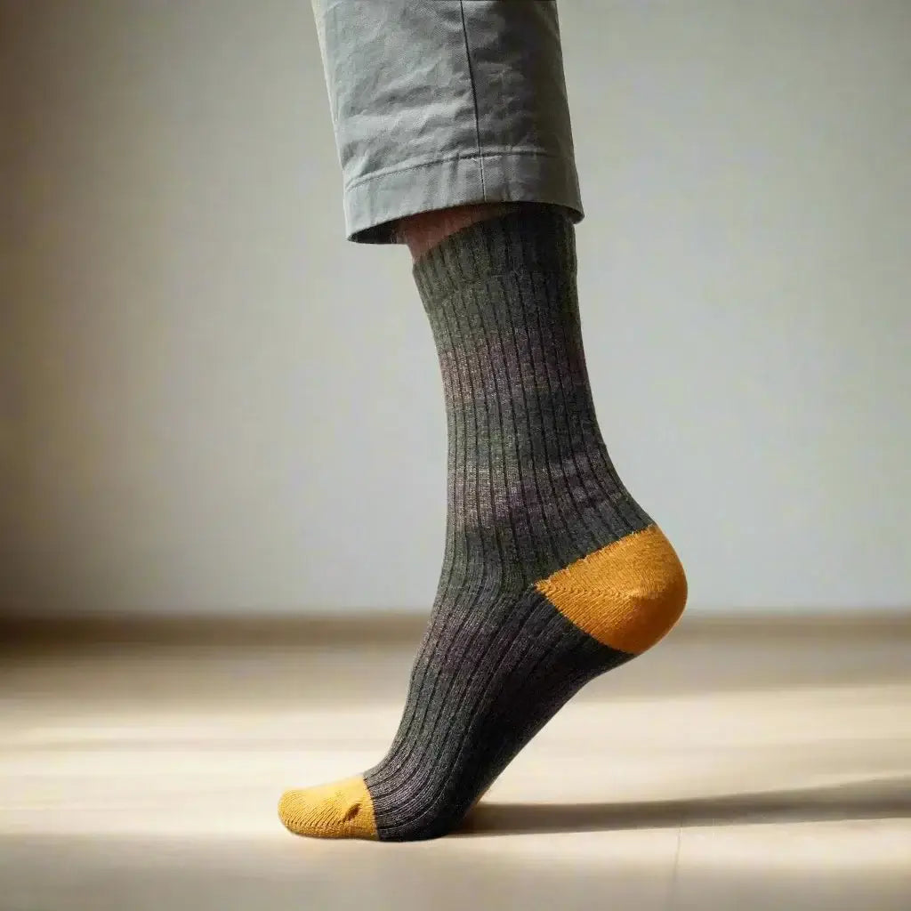 KLUE Merino Wool Crew Socks with Stripes | Khaki & Yellow