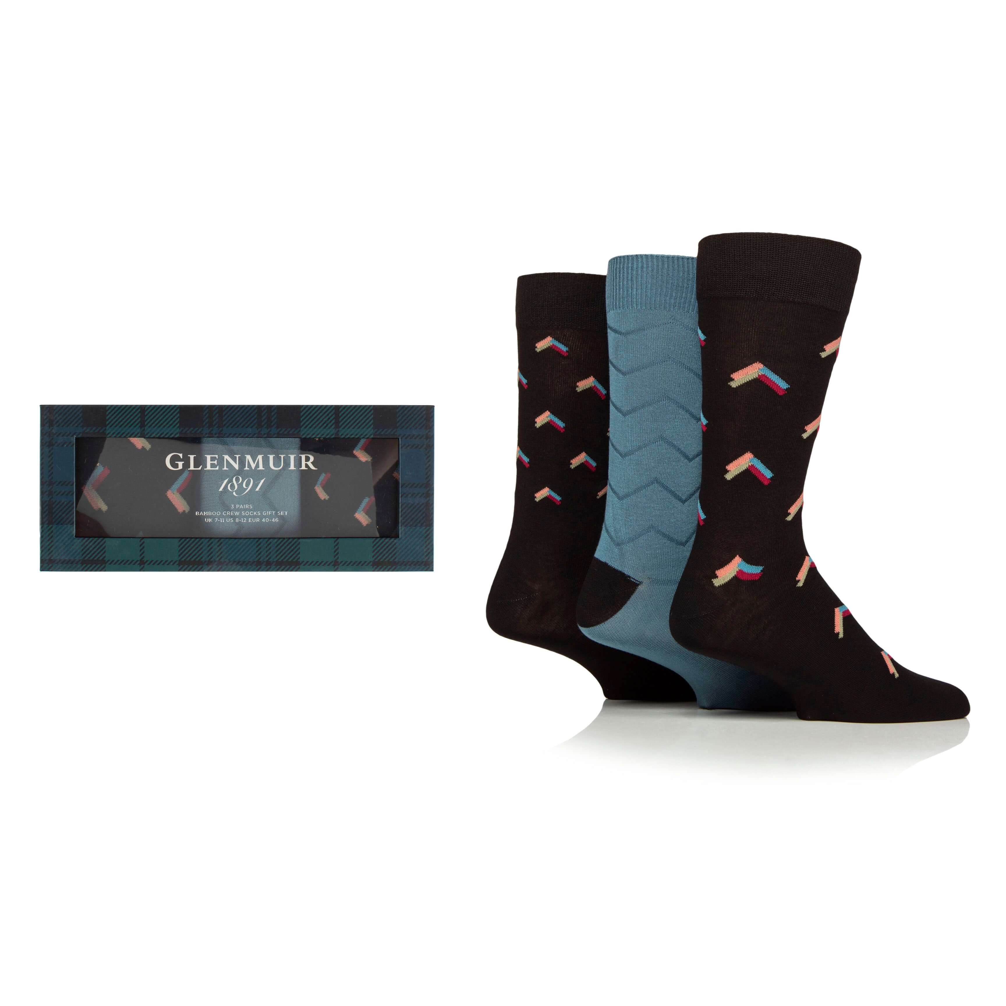 Glenmuir Joshua Men’s 3 Pair Bamboo Socks Gift Box – Munro Rib Argyle, UK 6-11