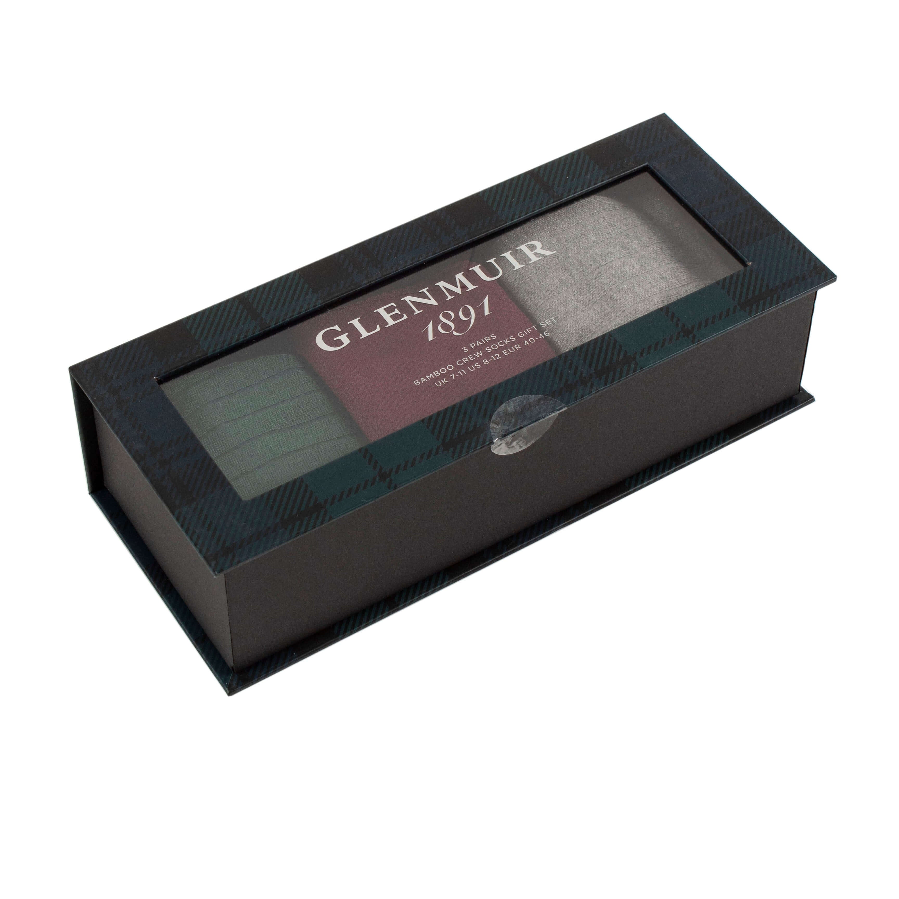 Glenmuir Joshua Men’s 3 Pair Bamboo Socks Gift Box – Munro Rib Argyle, UK 6-11