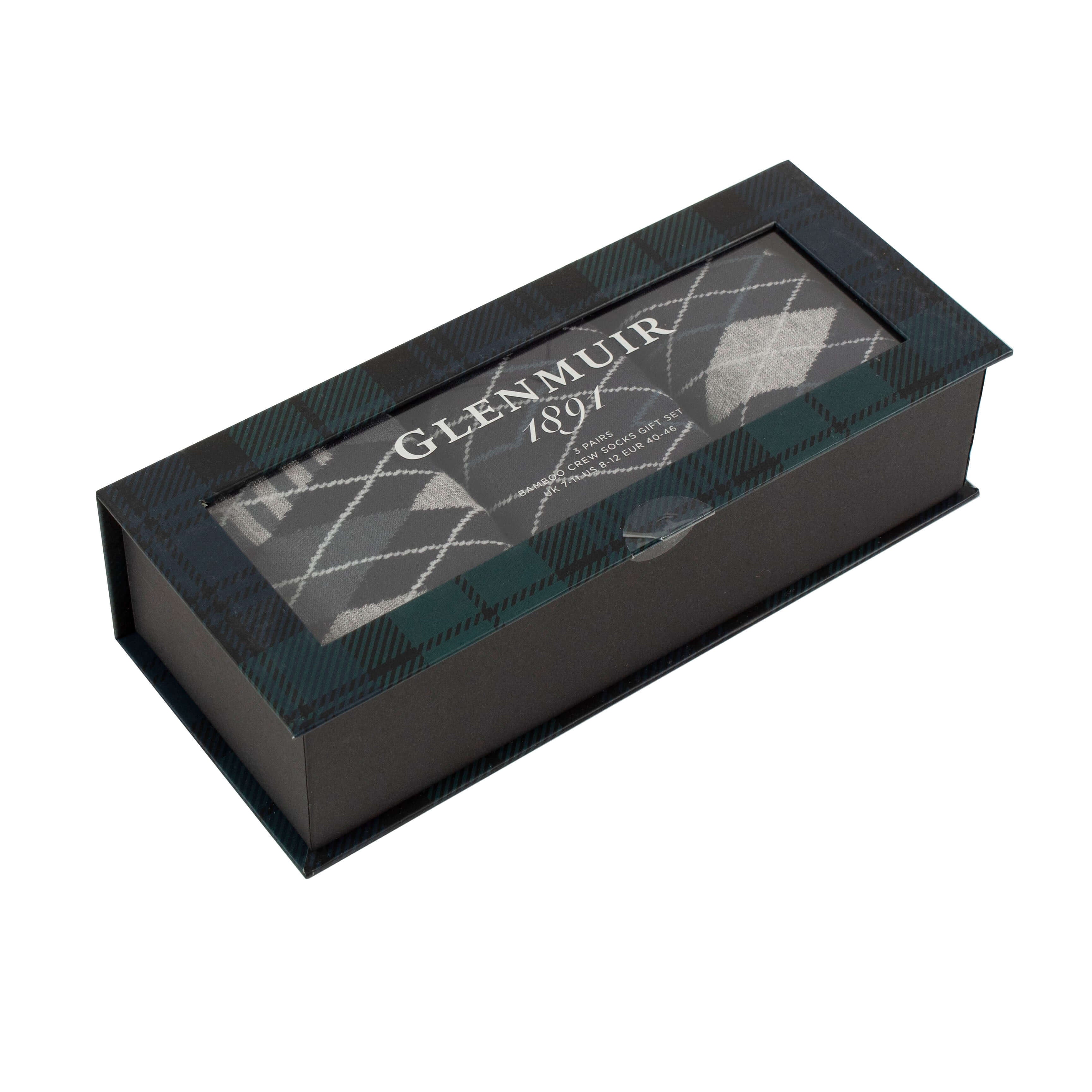 Glenmuir Joshua Men’s 3 Pair Bamboo Socks Gift Box – Munro Rib Argyle, UK 6-11