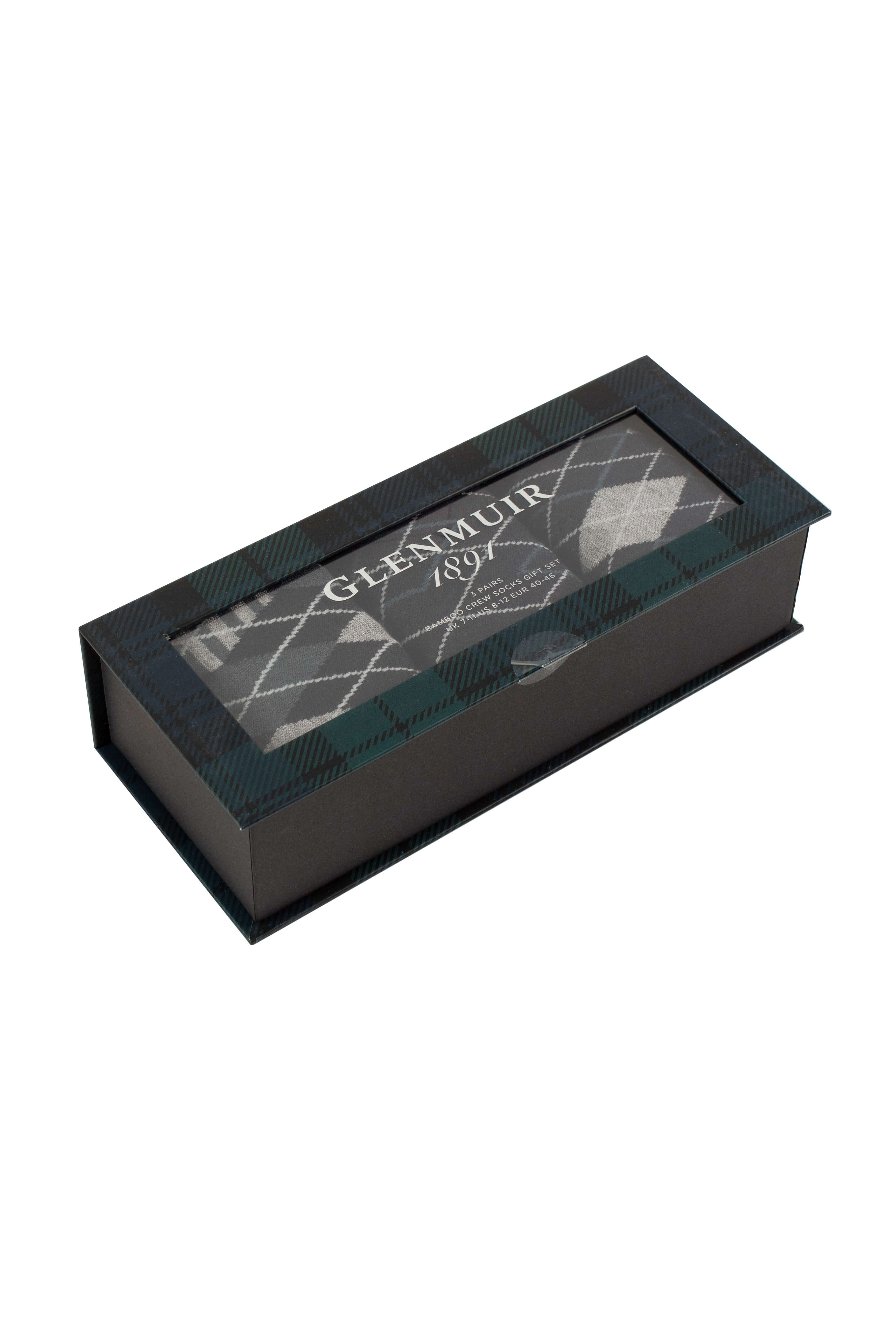 Glenmuir Joshua Men’s 3 Pair Bamboo Socks Gift Box – Munro Rib Argyle, UK 6-11