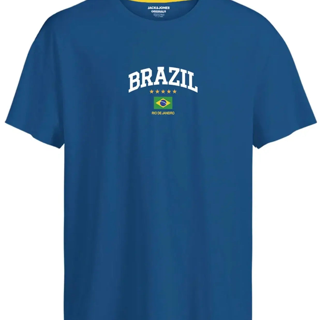 Blue t-shirt with 'BRAZIL' and flag design on a white background