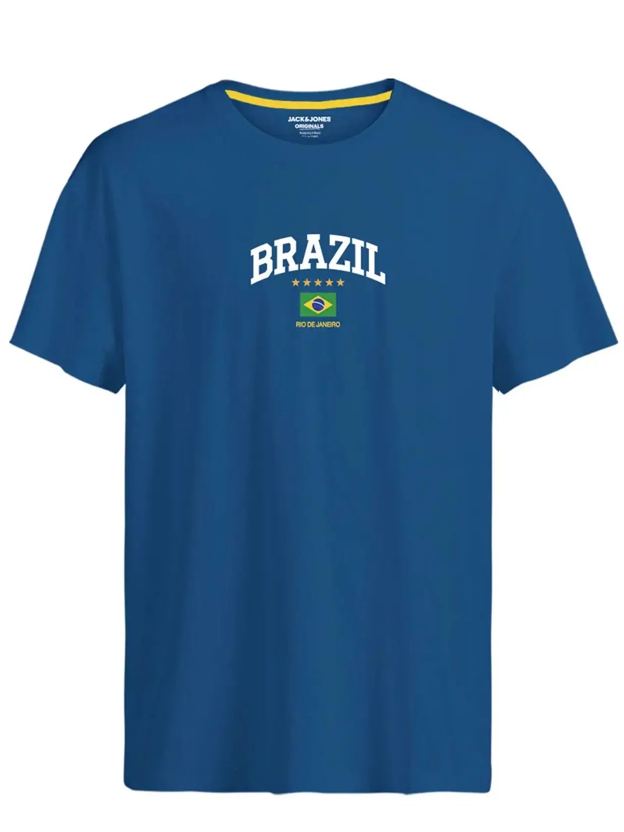 Blue t-shirt with 'BRAZIL' and flag design on a white background