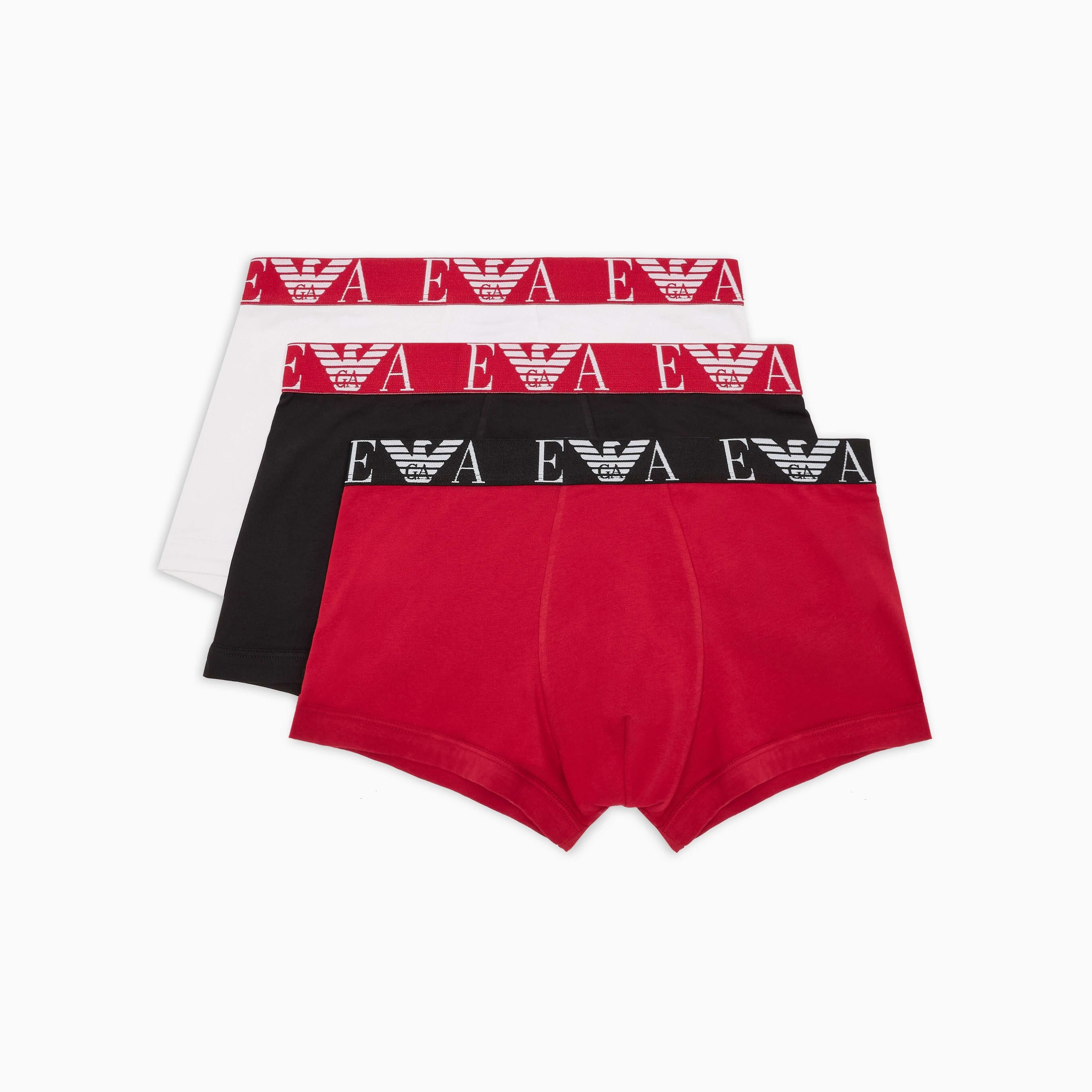 Emporio Armani 3 Pack Bold Monogram Trunks – Red / Black / White