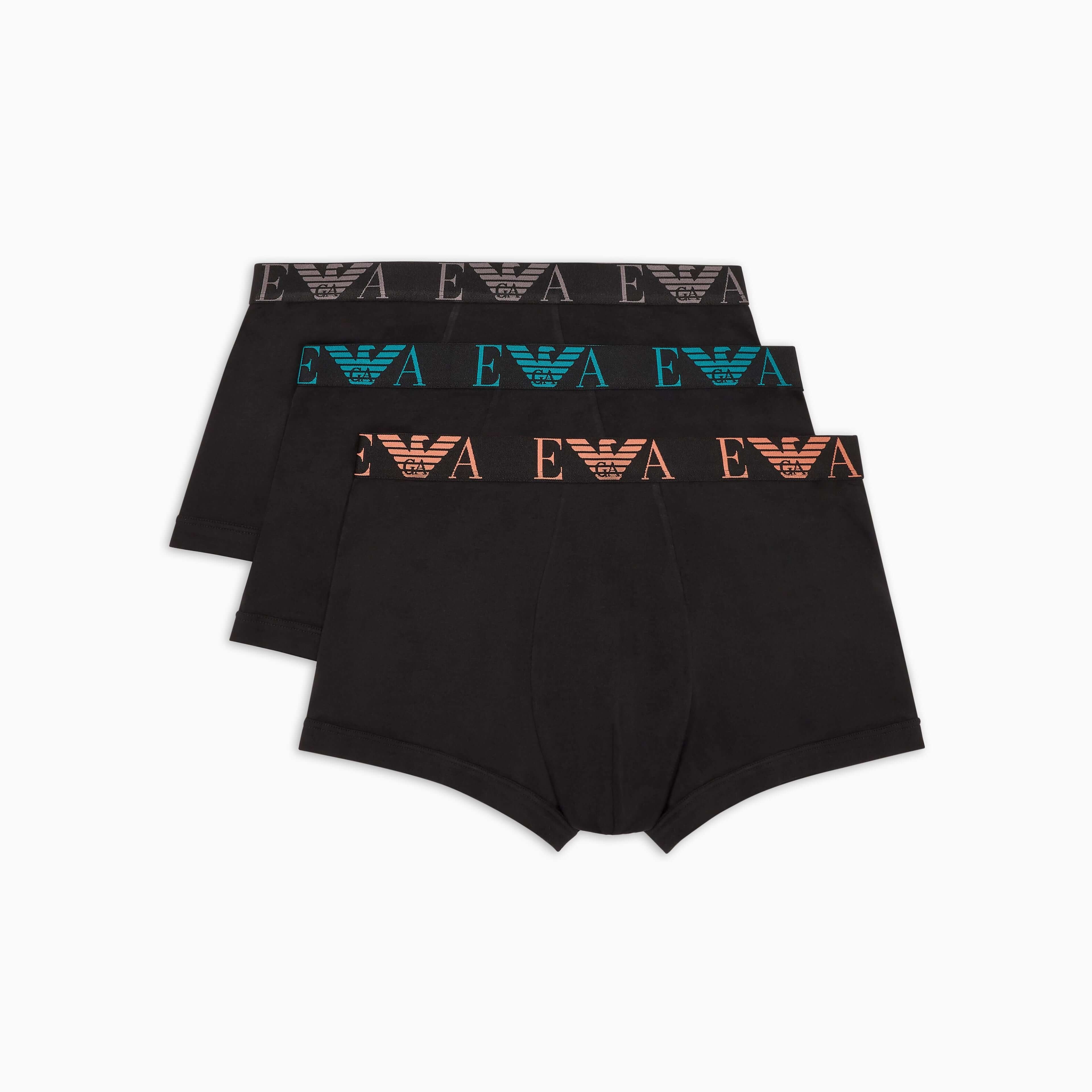 Emporio Armani 3 Pack Bold Monogram Trunks – Black, Cotton Stretch Underwear
