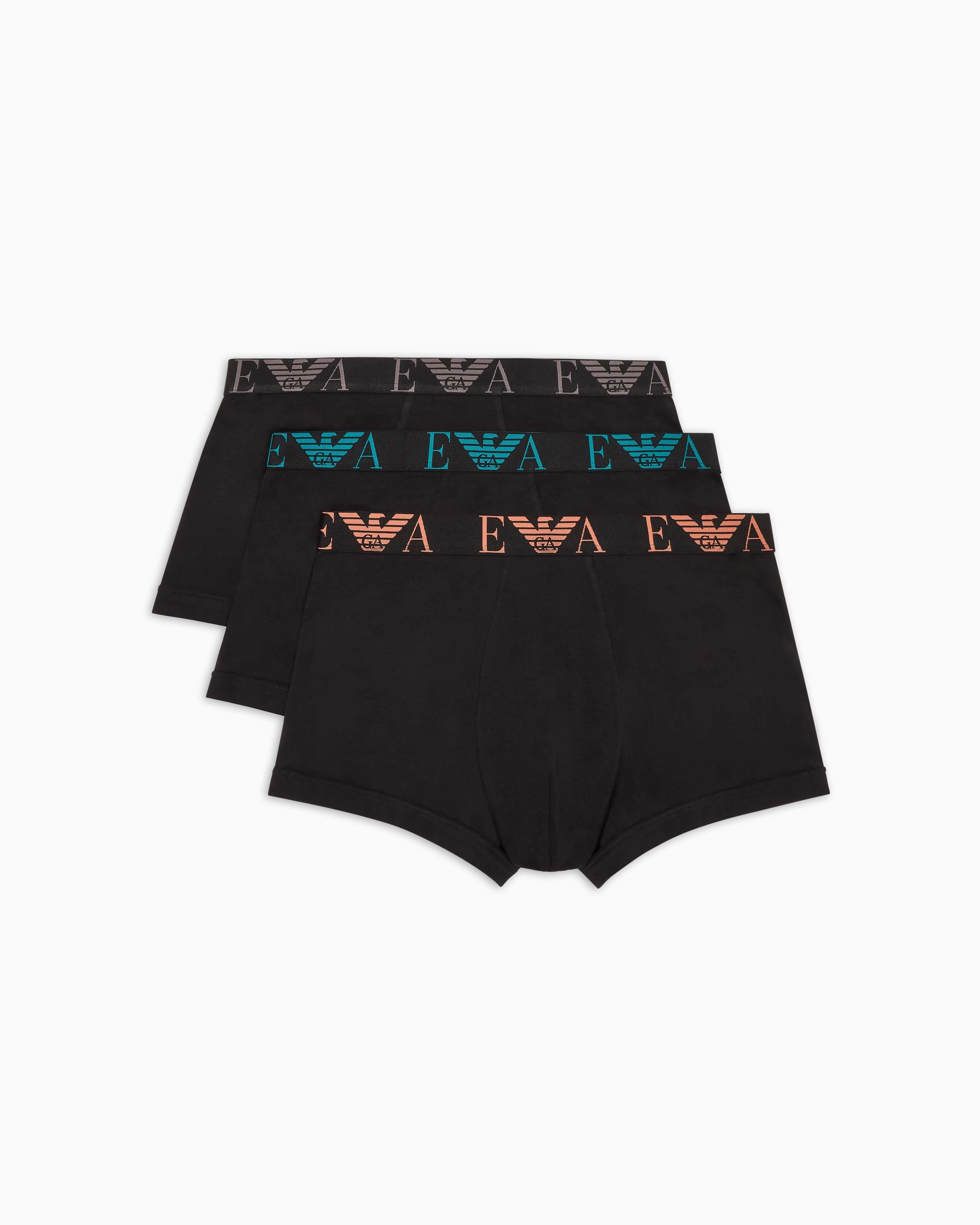 Emporio Armani 3 Pack Bold Monogram Trunks – Black, Cotton Stretch Underwear